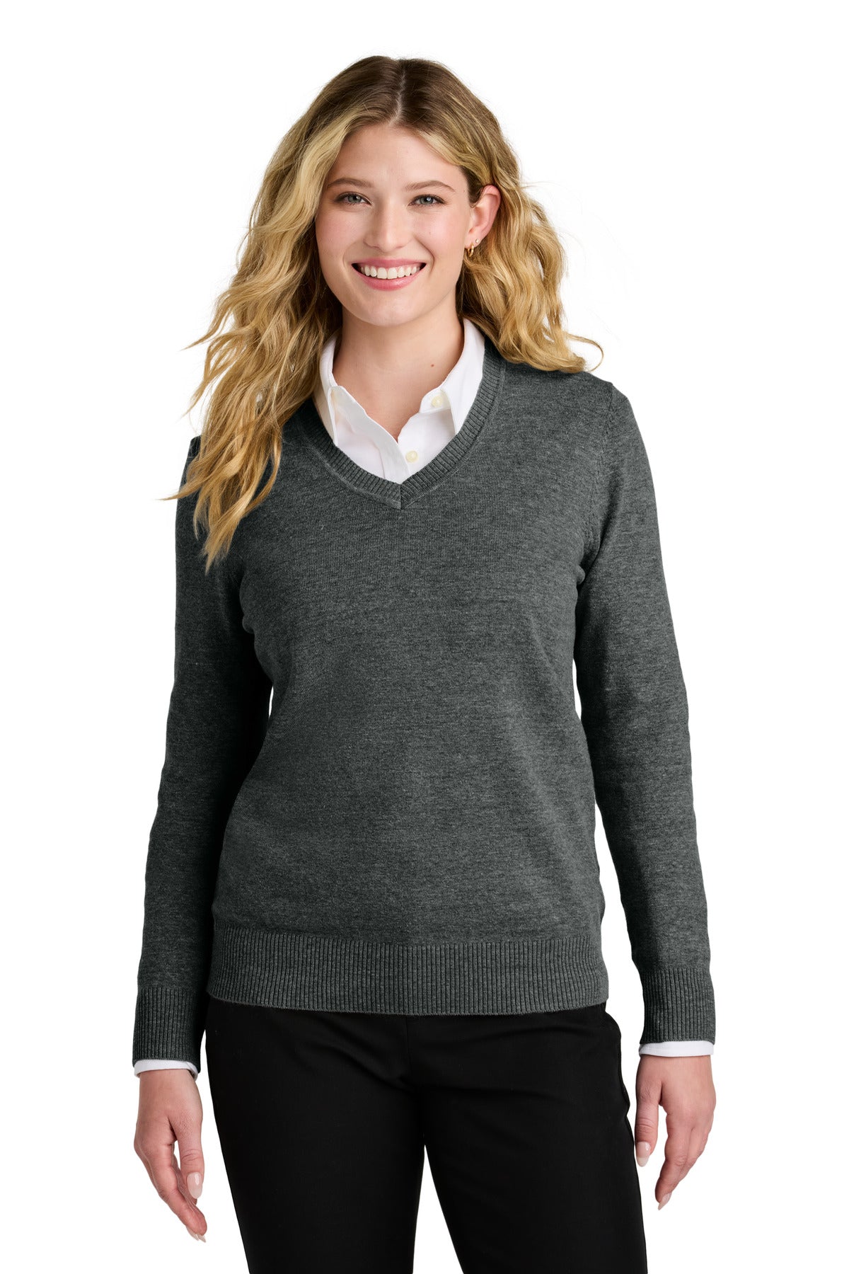 Port Authority Women's Easy Care V-Neck Sweater - Charcoal Heather