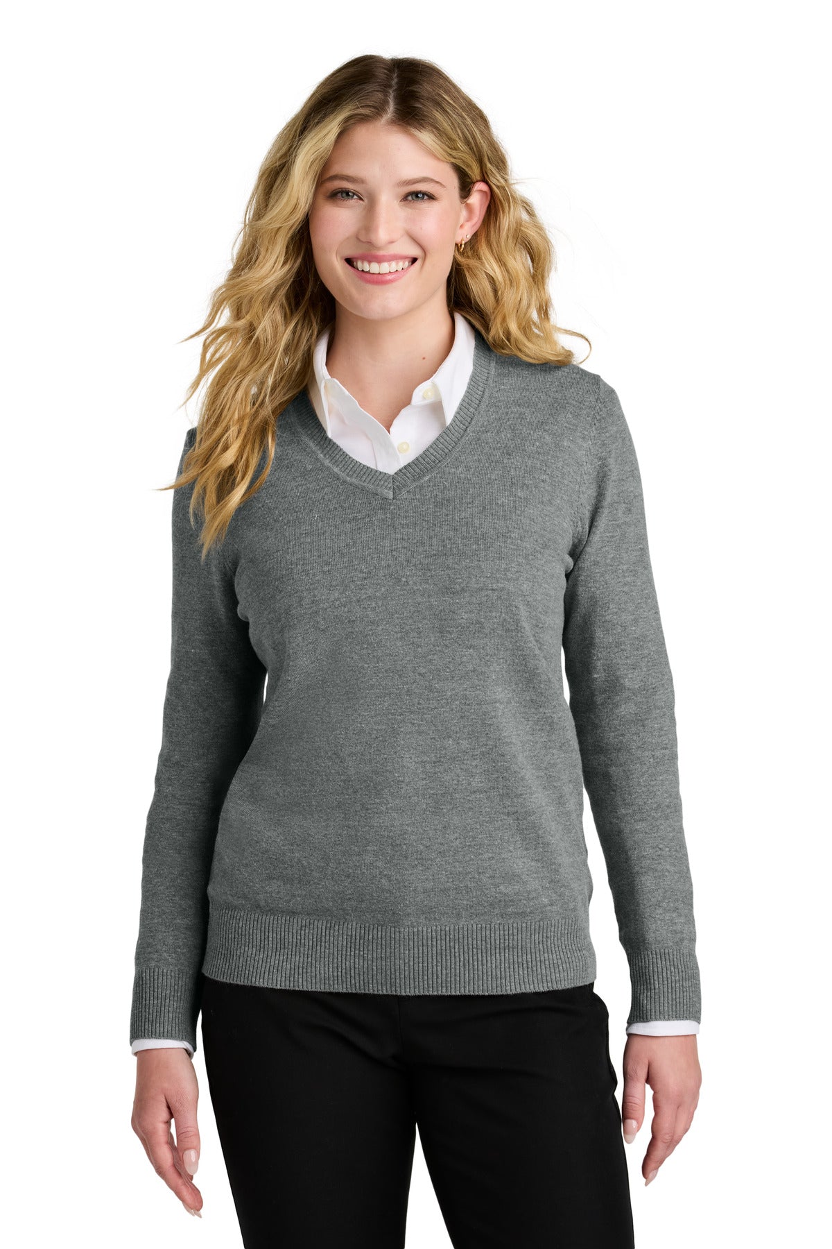 Port Authority Women's Easy Care V-Neck Sweater - Medium Heather Grey