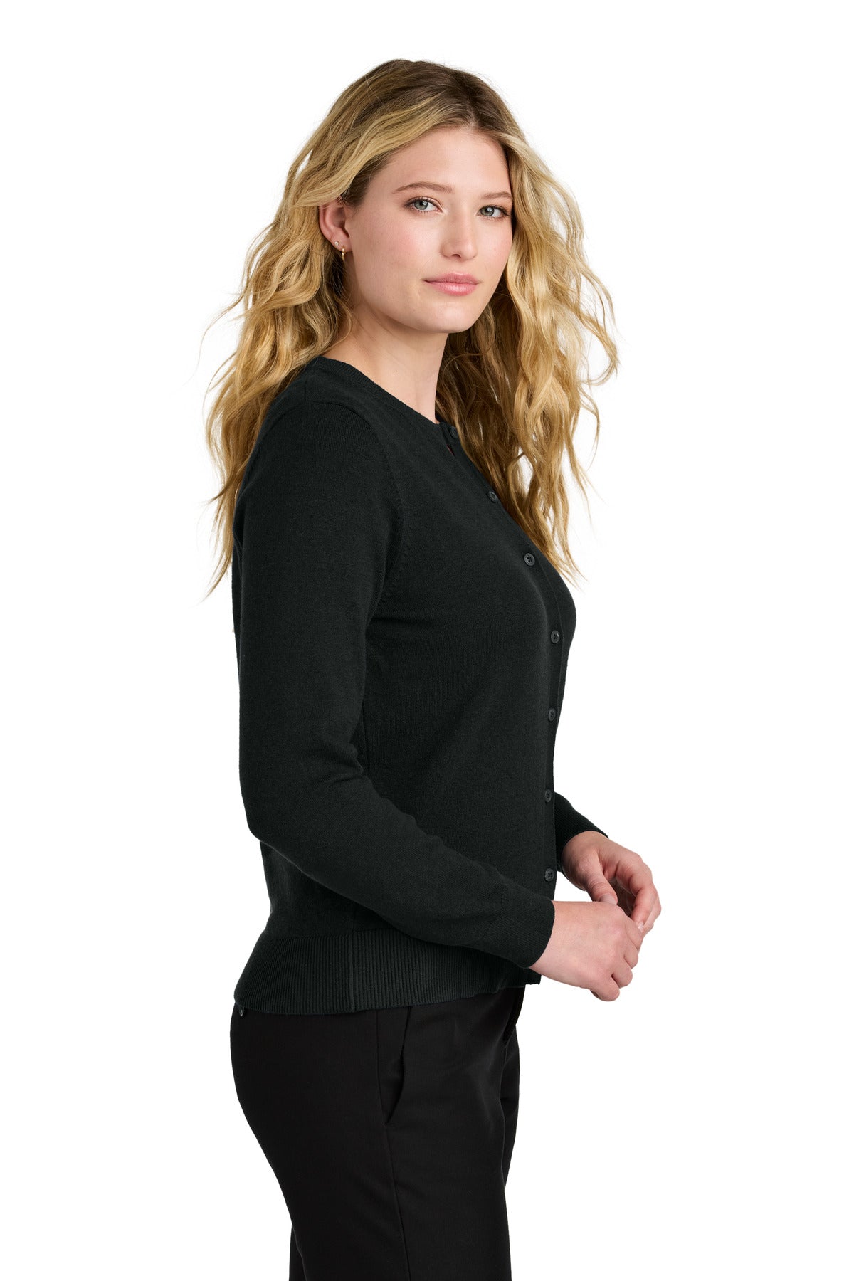 Port Authority Women's Easy Care Crewneck Cardigan Sweater - Deep Black