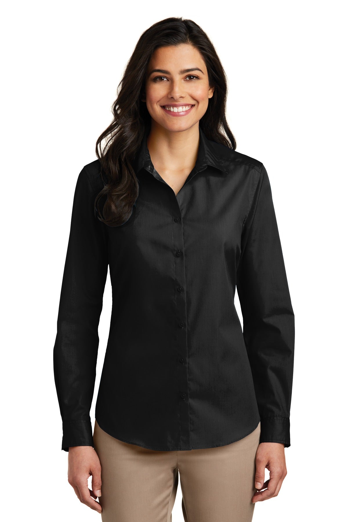 Port Authority Women's Long Sleeve Carefree Poplin Shirt - Deep Black