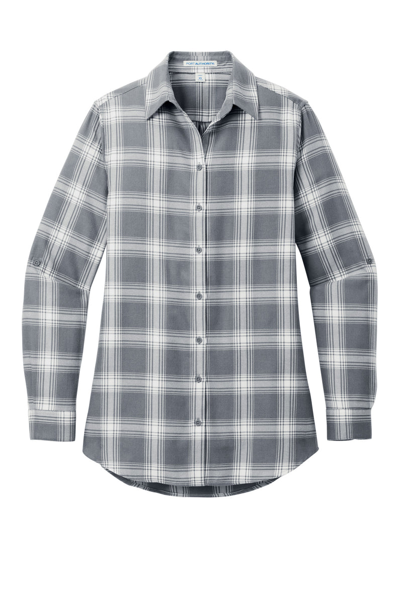 Port Authority Women's Plaid Flannel Tunic - Grey/ Cream Open Plaid
