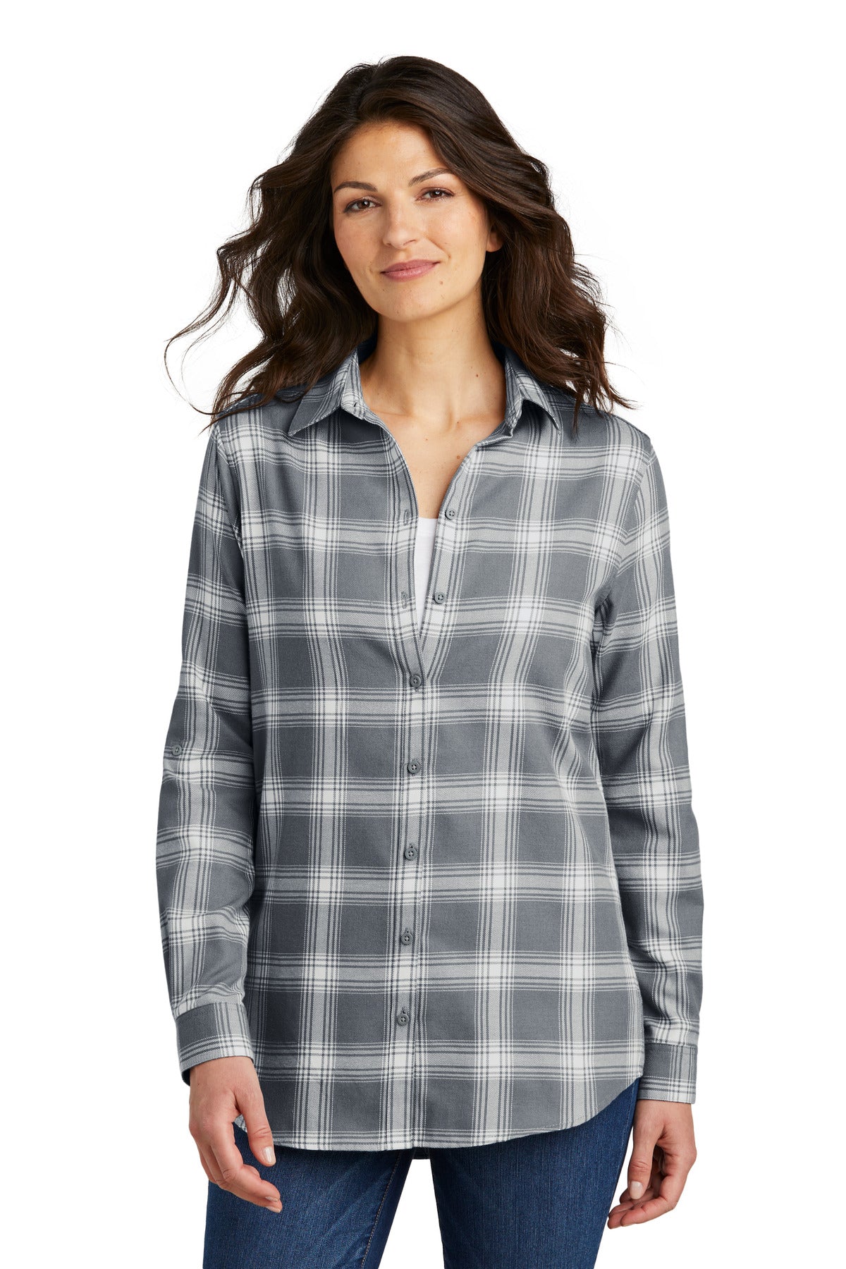 Port Authority Women's Plaid Flannel Tunic - Grey/ Cream Open Plaid