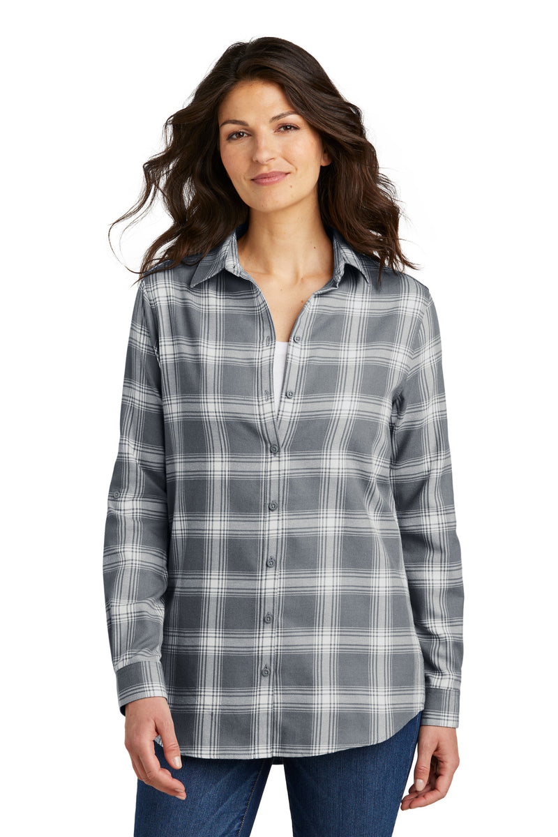 Port Authority Women's Plaid Flannel Tunic - Grey/ Cream Open Plaid