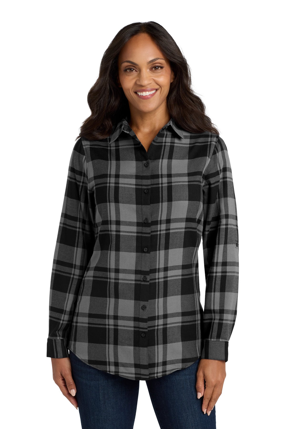 Port Authority Women's Plaid Flannel Tunic - Grey/ Black