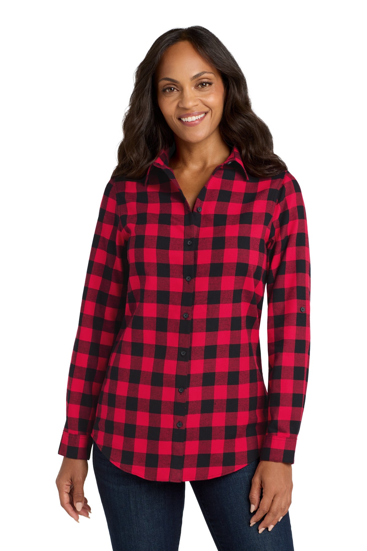 Port Authority Women's Plaid Flannel Tunic - Red/ Black Buffalo Check