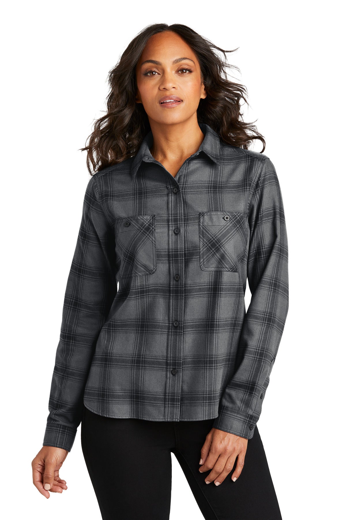 Port Authority Women's Plaid Flannel Shirt - Grey/ Black Open Plaid