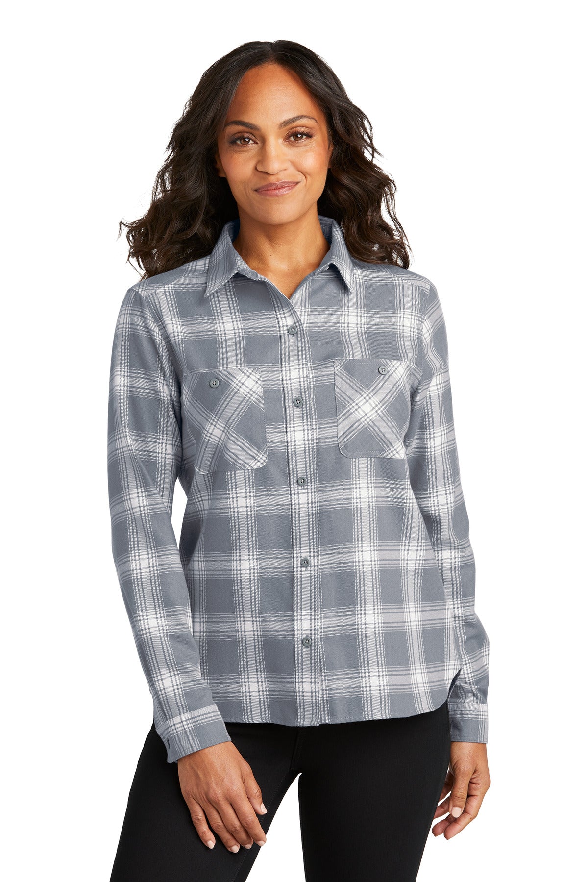 Port Authority Women's Plaid Flannel Shirt - Grey/ Cream Open Plaid