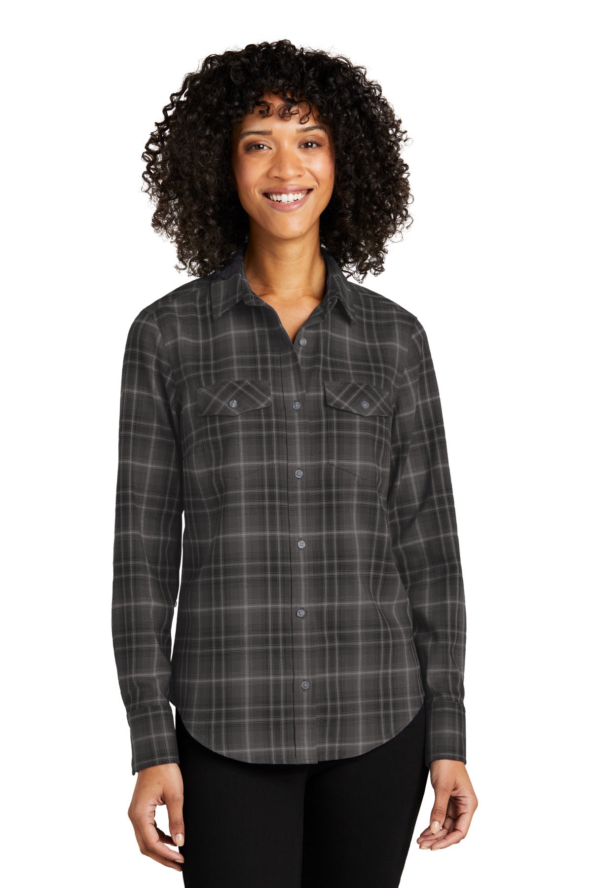 Port Authority Women's Long Sleeve Ombre Plaid Shirt - Deep Black