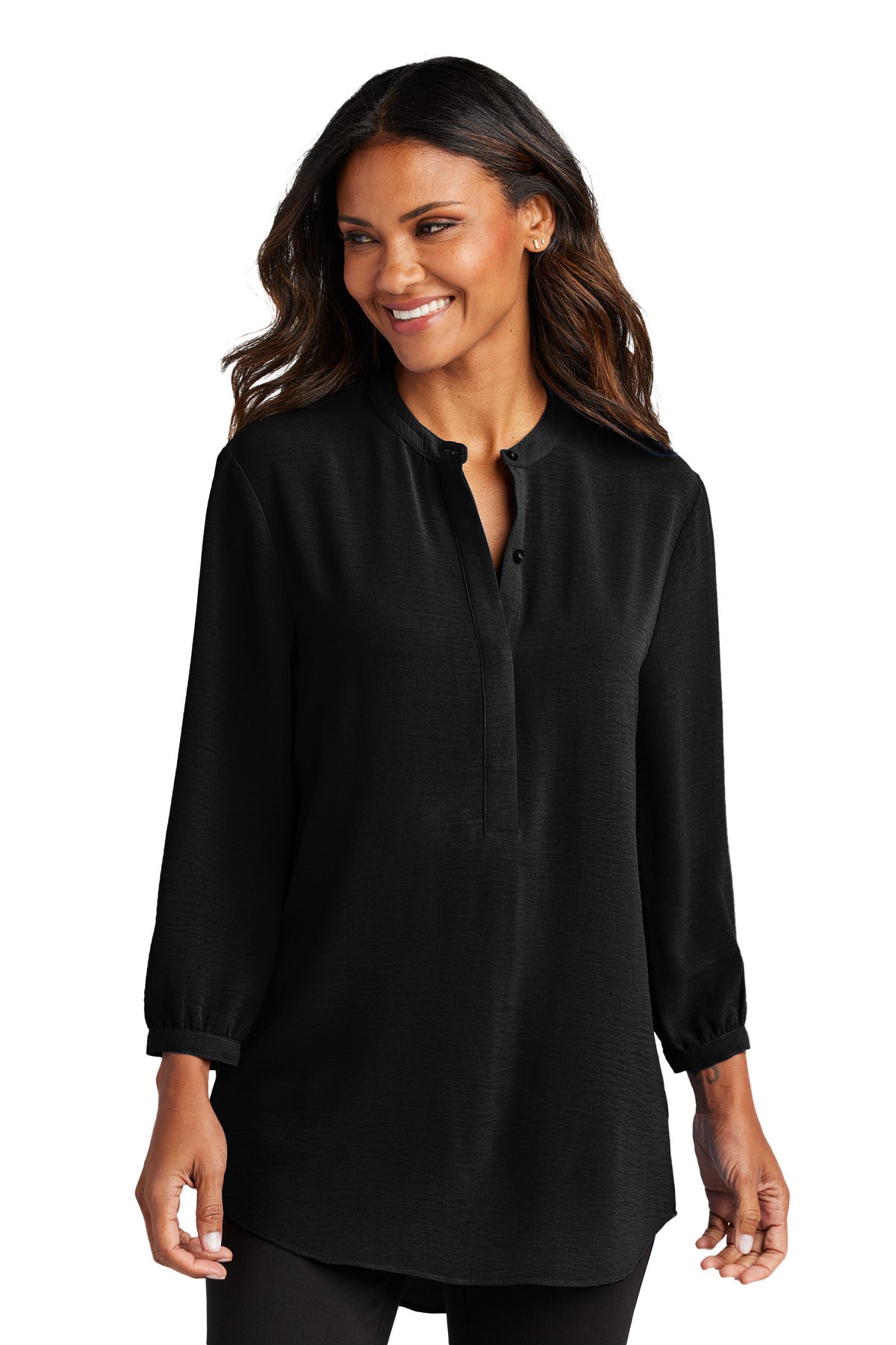 Port Authority Women's 3/4-Sleeve Textured Crepe Tunic - Deep Black