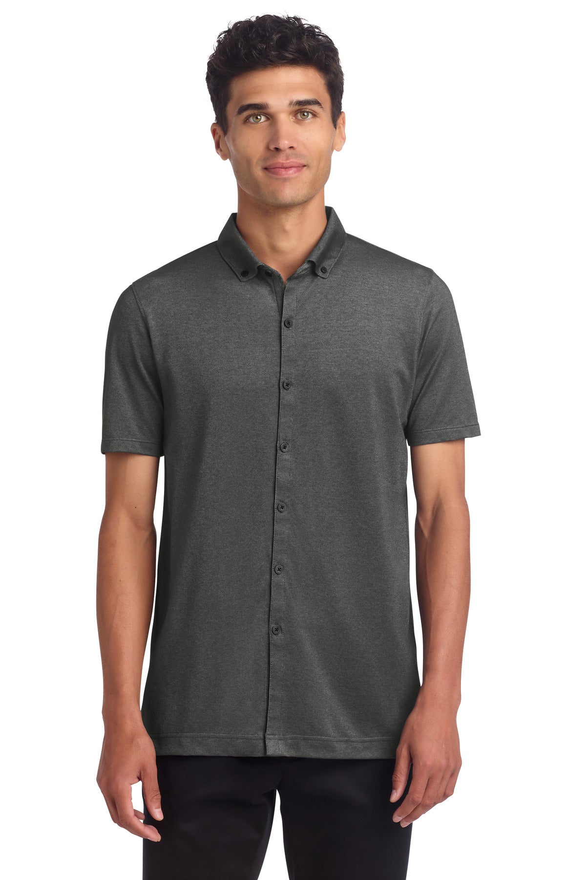Mercer+Mettle Stretch Pique Full-Button Polo - Anchor Grey Heather