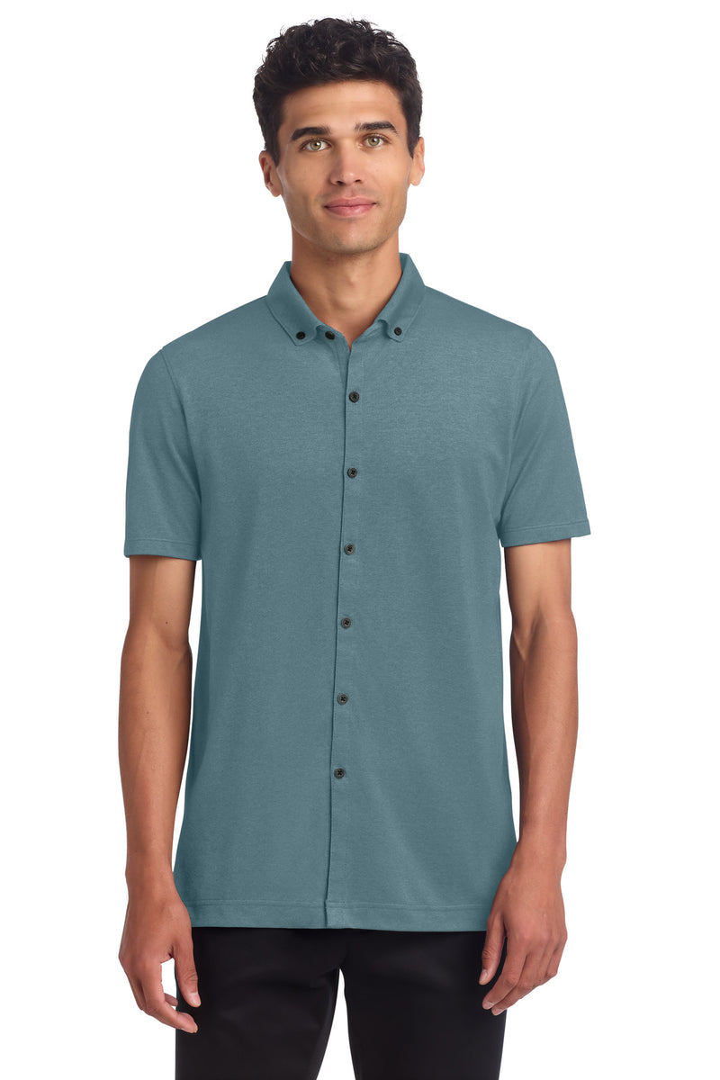 Mercer+Mettle Stretch Pique Full-Button Polo - Parisian Blue Heather