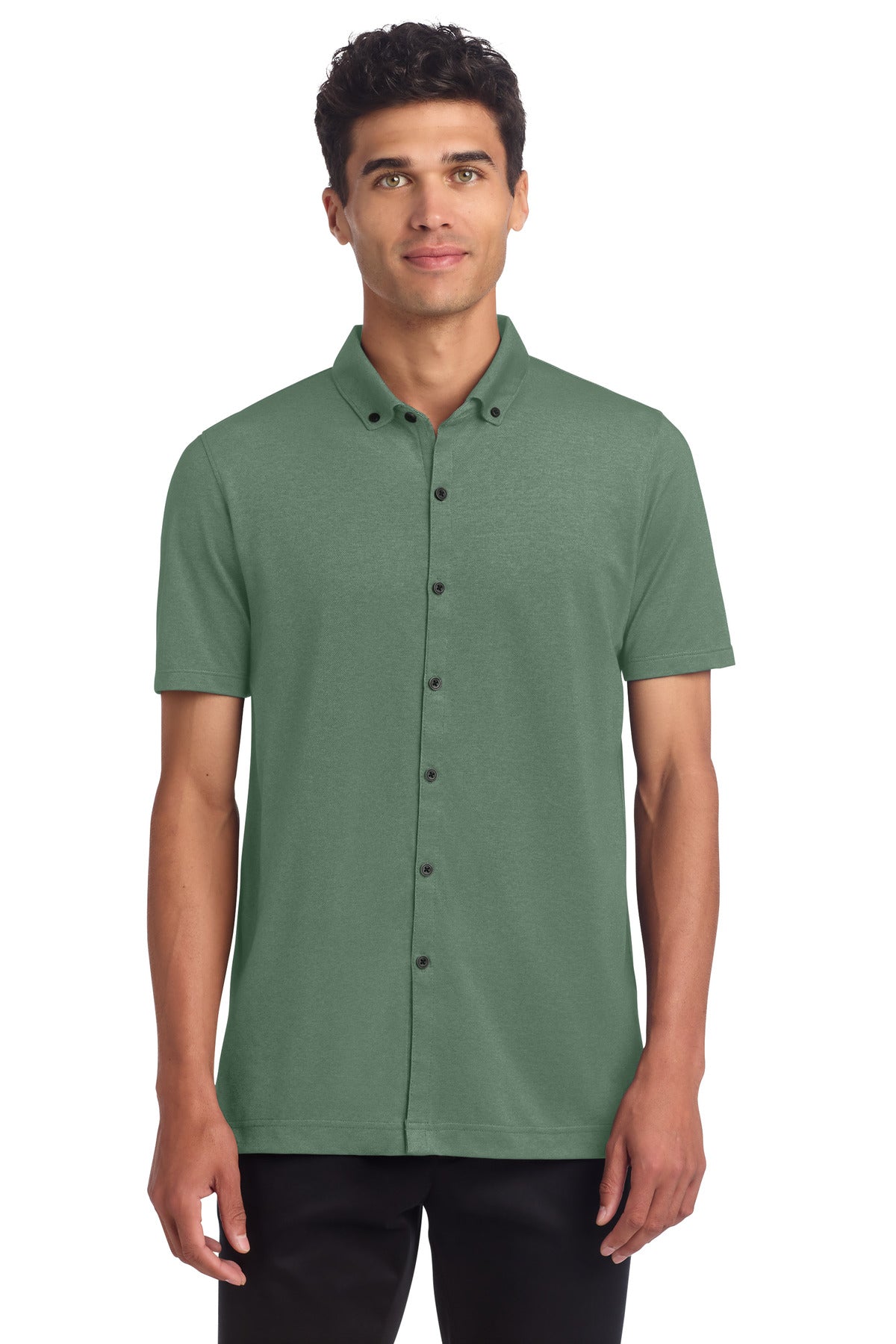 Mercer+Mettle Stretch Pique Full-Button Polo - Sage Heather
