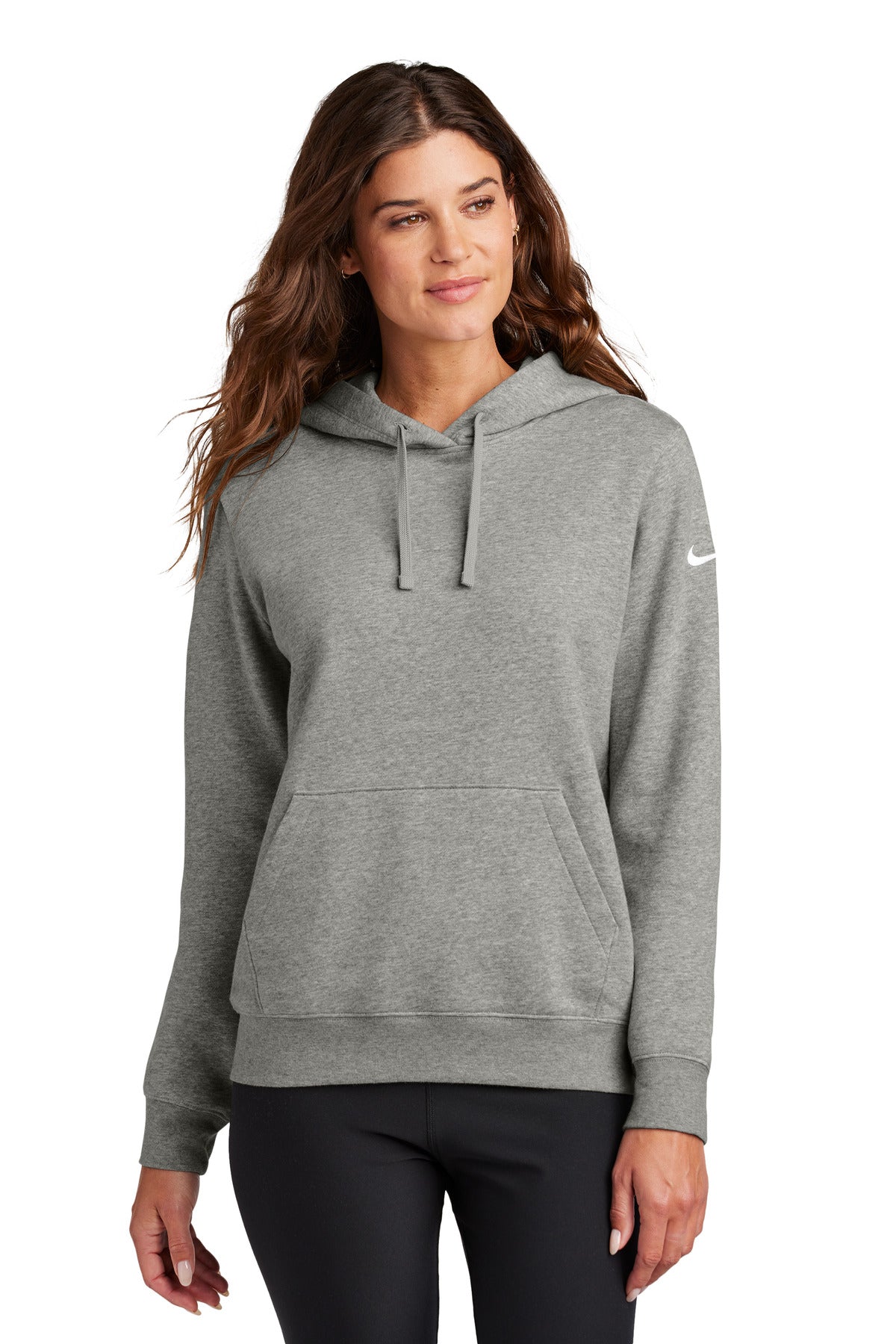 Nike Women's Club Fleece Sleeve Swoosh Pullover Hoodie - Dark Grey Heather