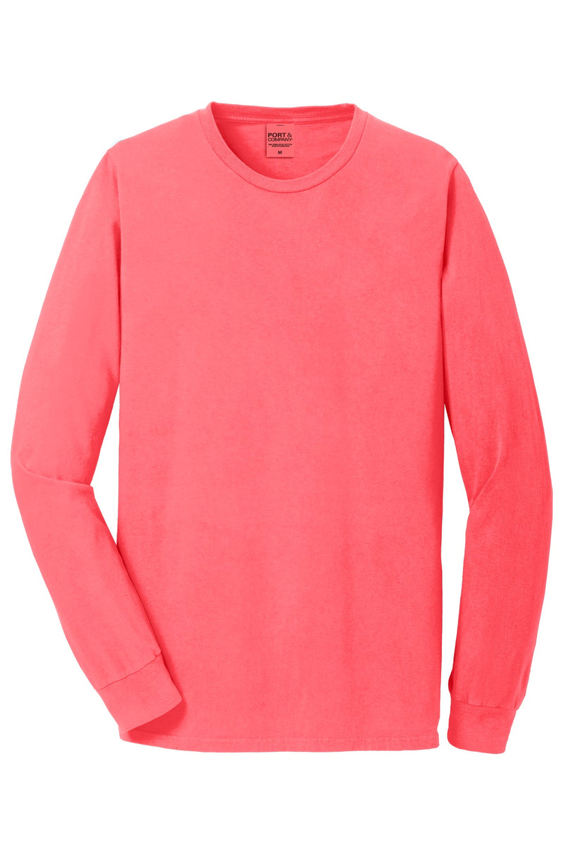 Port & Co Beach Wash Garment-Dyed Long Sleeve Tee - Neon Coral
