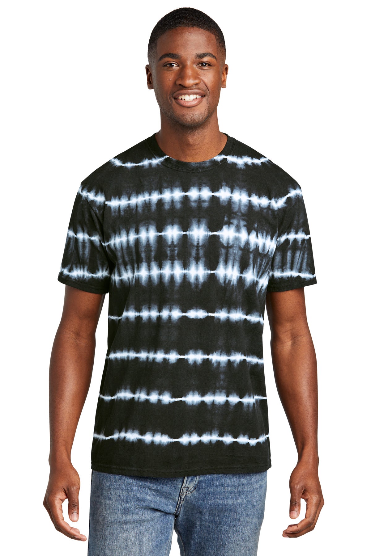Port & Co Allover Stripe Tie-Dye Tee - Black/ White