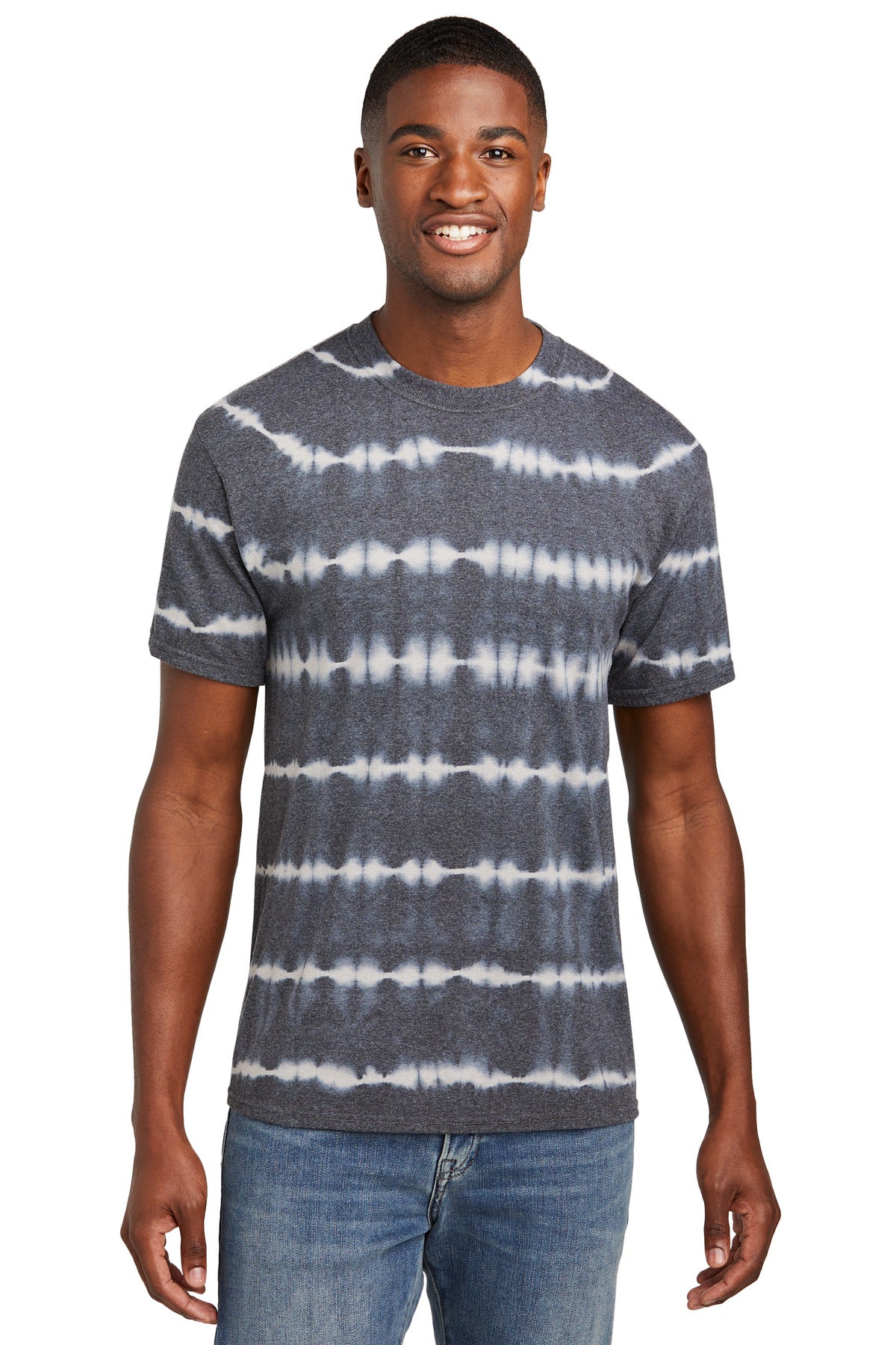 Port & Co Allover Stripe Tie-Dye Tee - Graphite/ Light Grey