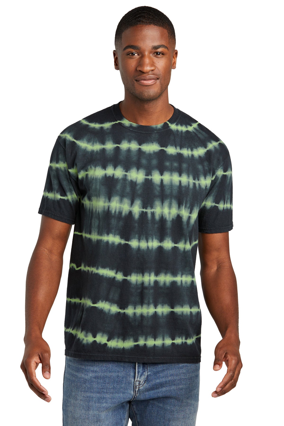 Port & Co Allover Stripe Tie-Dye Tee - Green Tea/ Black