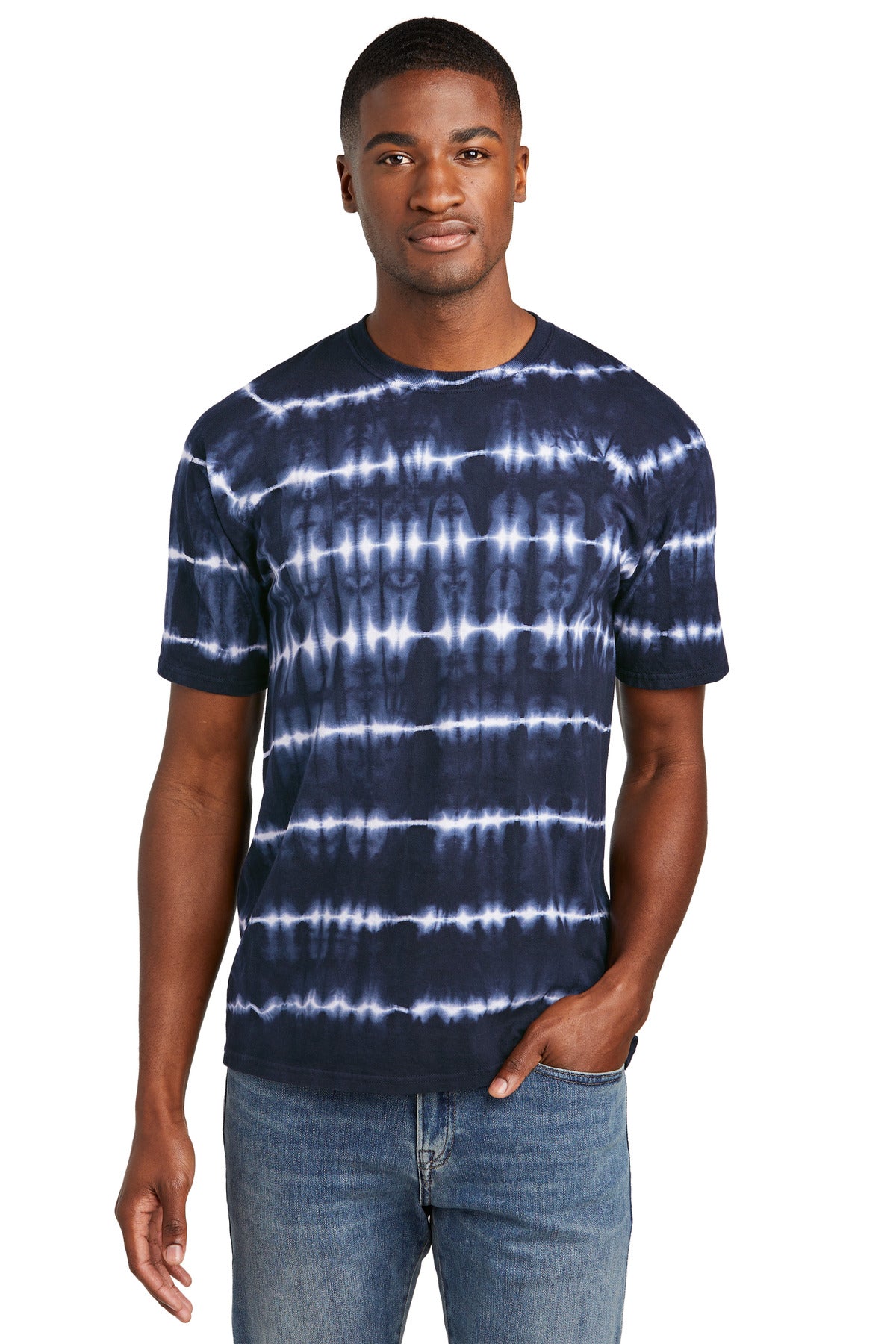 Port & Co Allover Stripe Tie-Dye Tee - True Navy/ White