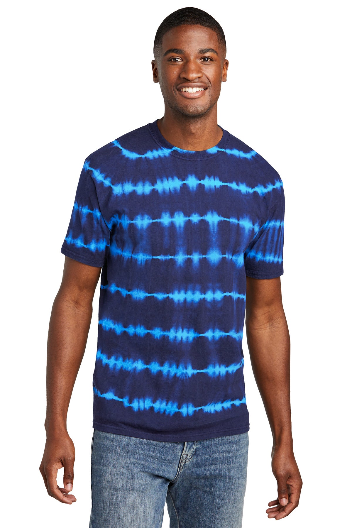 Port & Co Allover Stripe Tie-Dye Tee - Turquoise/ Team Navy