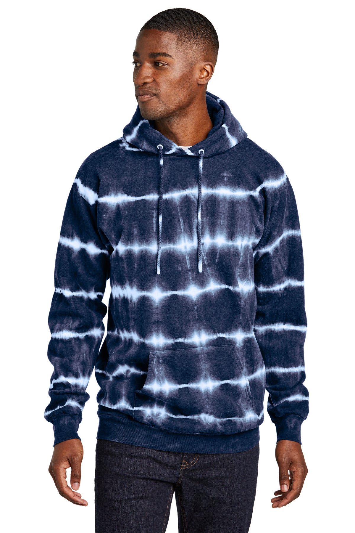 Port & Co Allover Stripe Tie-Dye Fleece - True Navy/ White