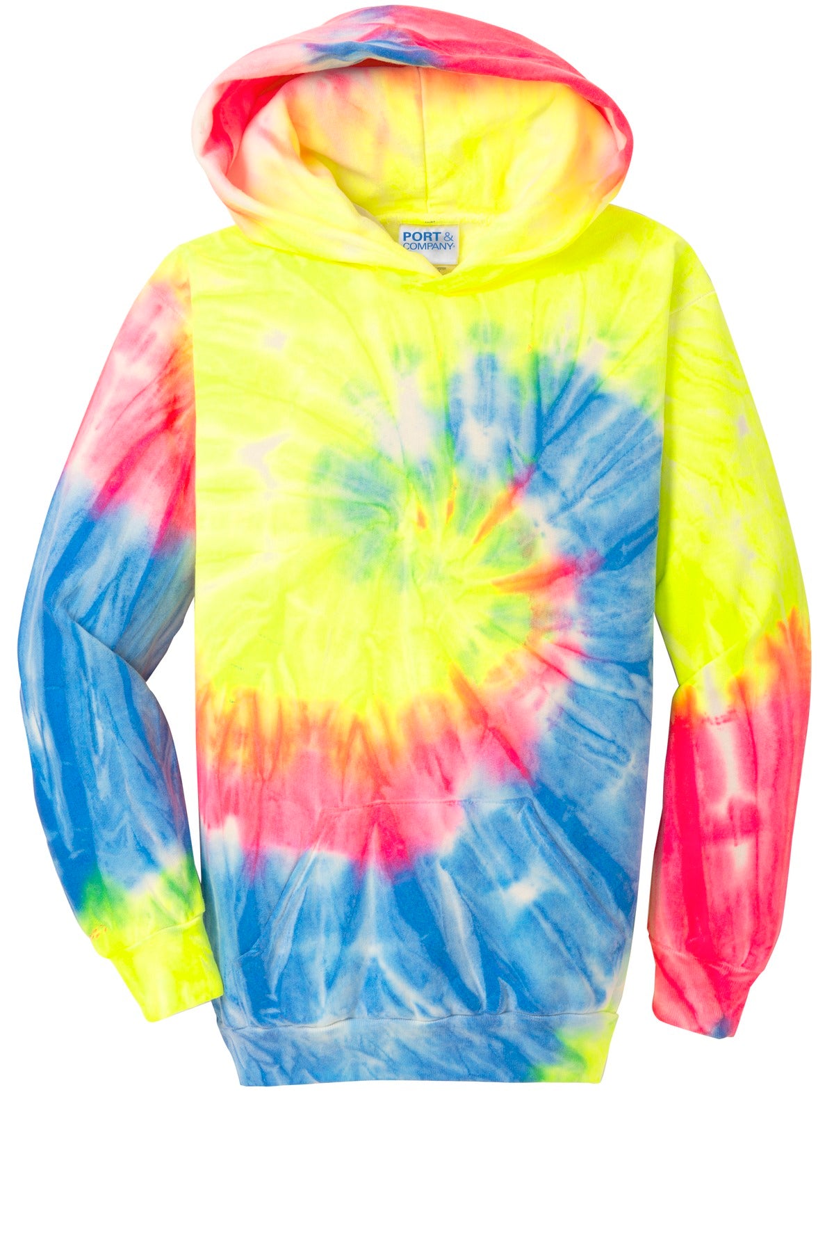 Port & Co Youth Tie-Dye Pullover Hooded Sweatshirt - Neon Rainbow