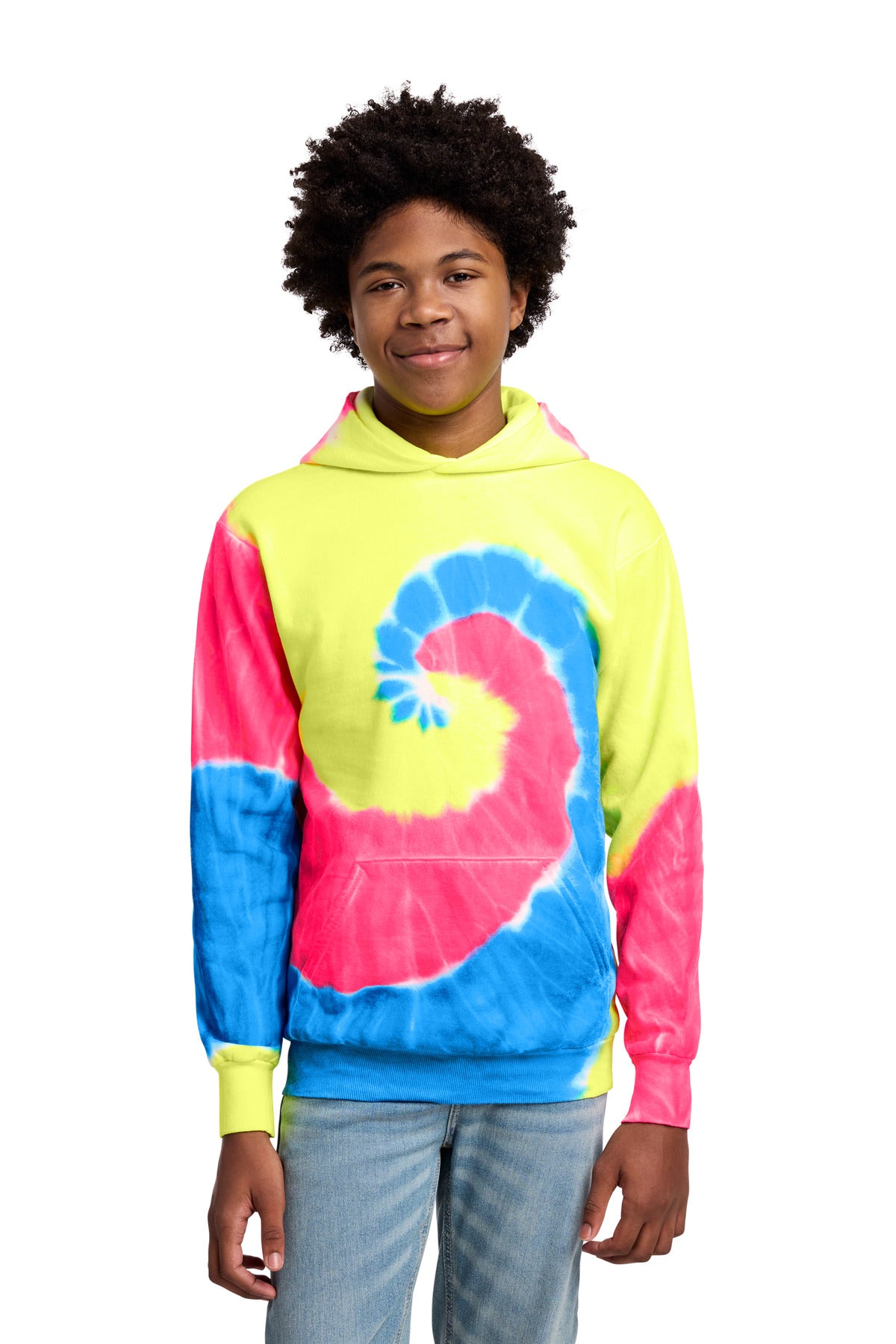 Port & Co Youth Tie-Dye Pullover Hooded Sweatshirt - Neon Rainbow