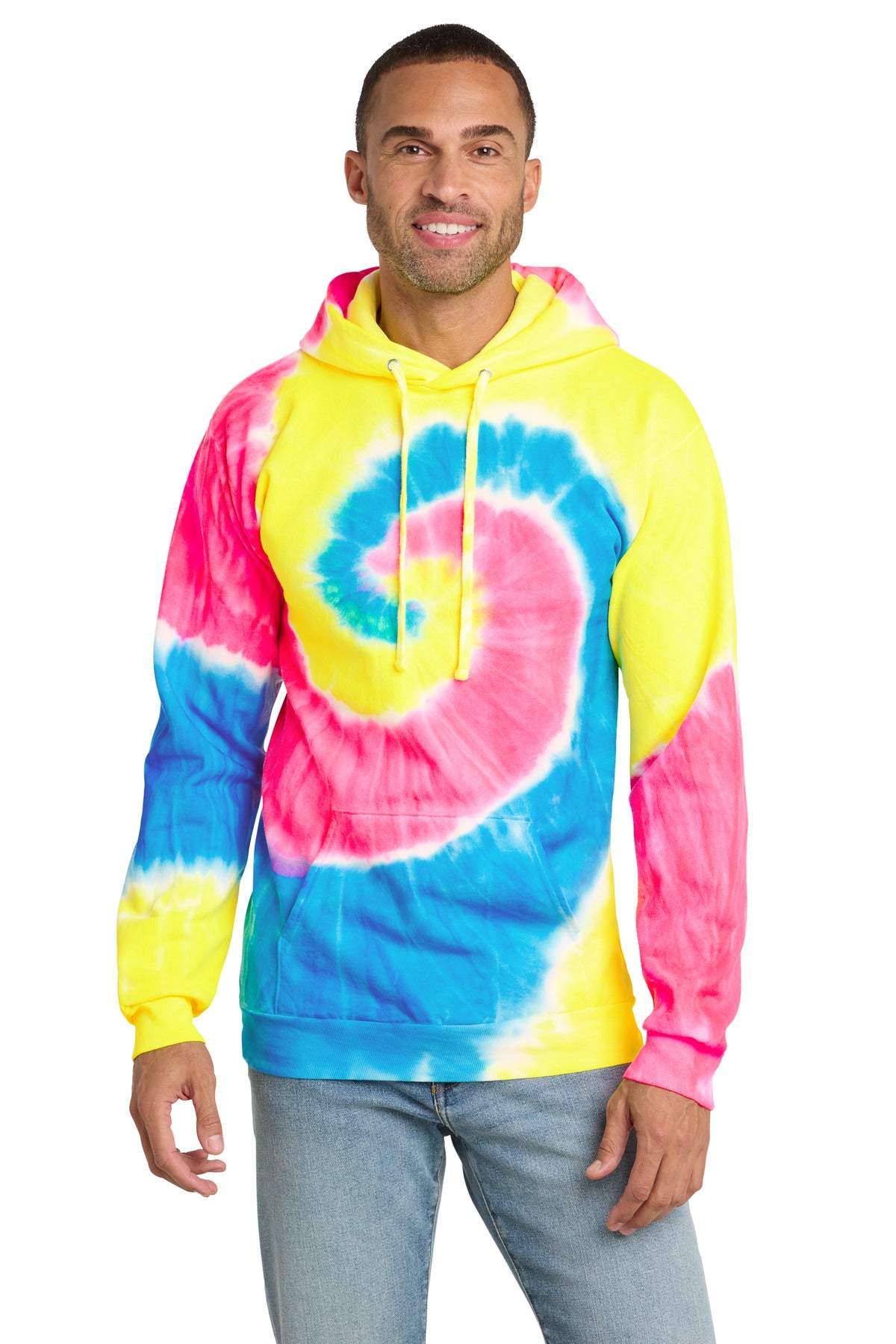 Port & Co Tie-Dye Pullover Hooded Sweatshirt - Neon Rainbow