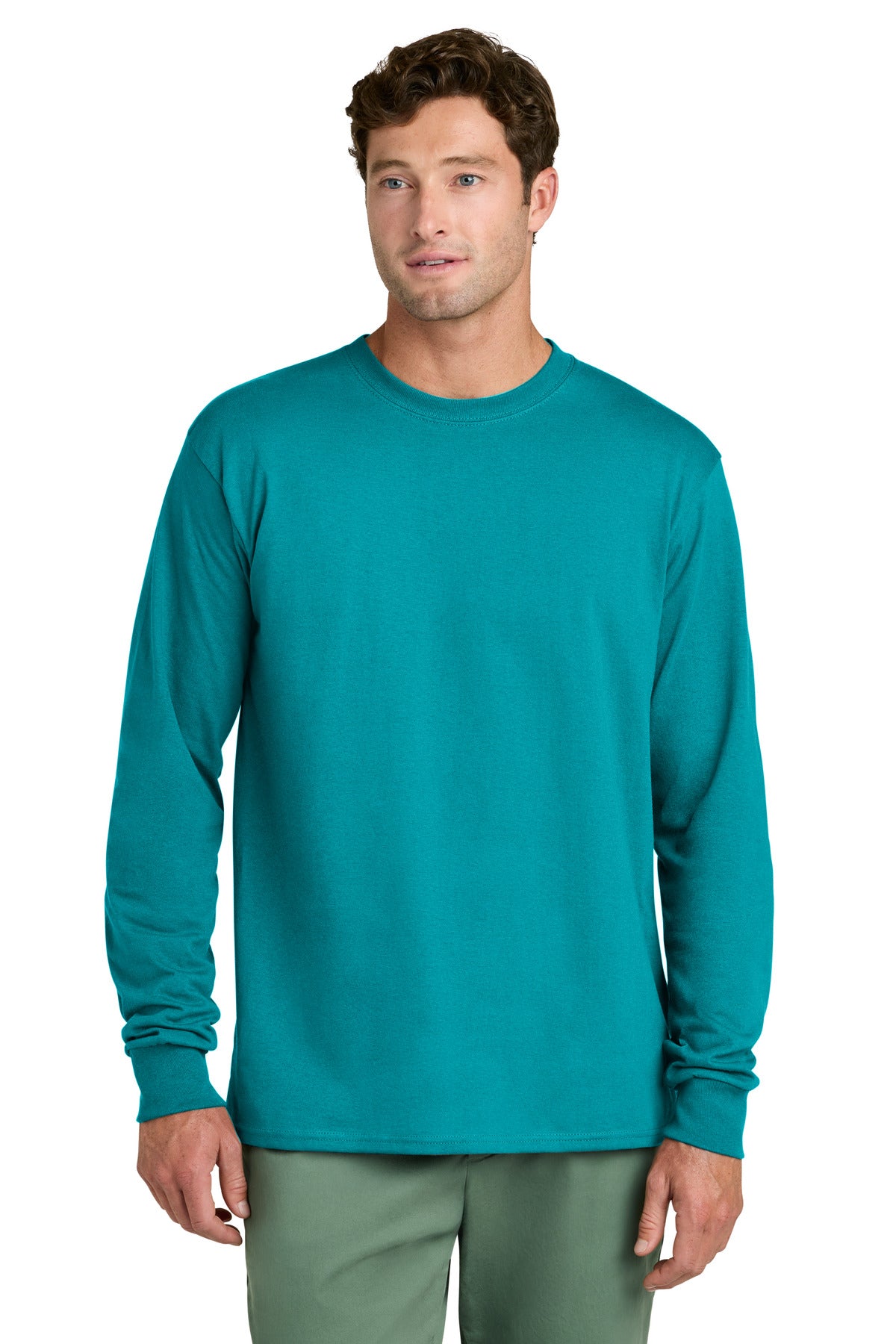 Port & Co Long Sleeve Core Cotton Tee - Aquatic Blue