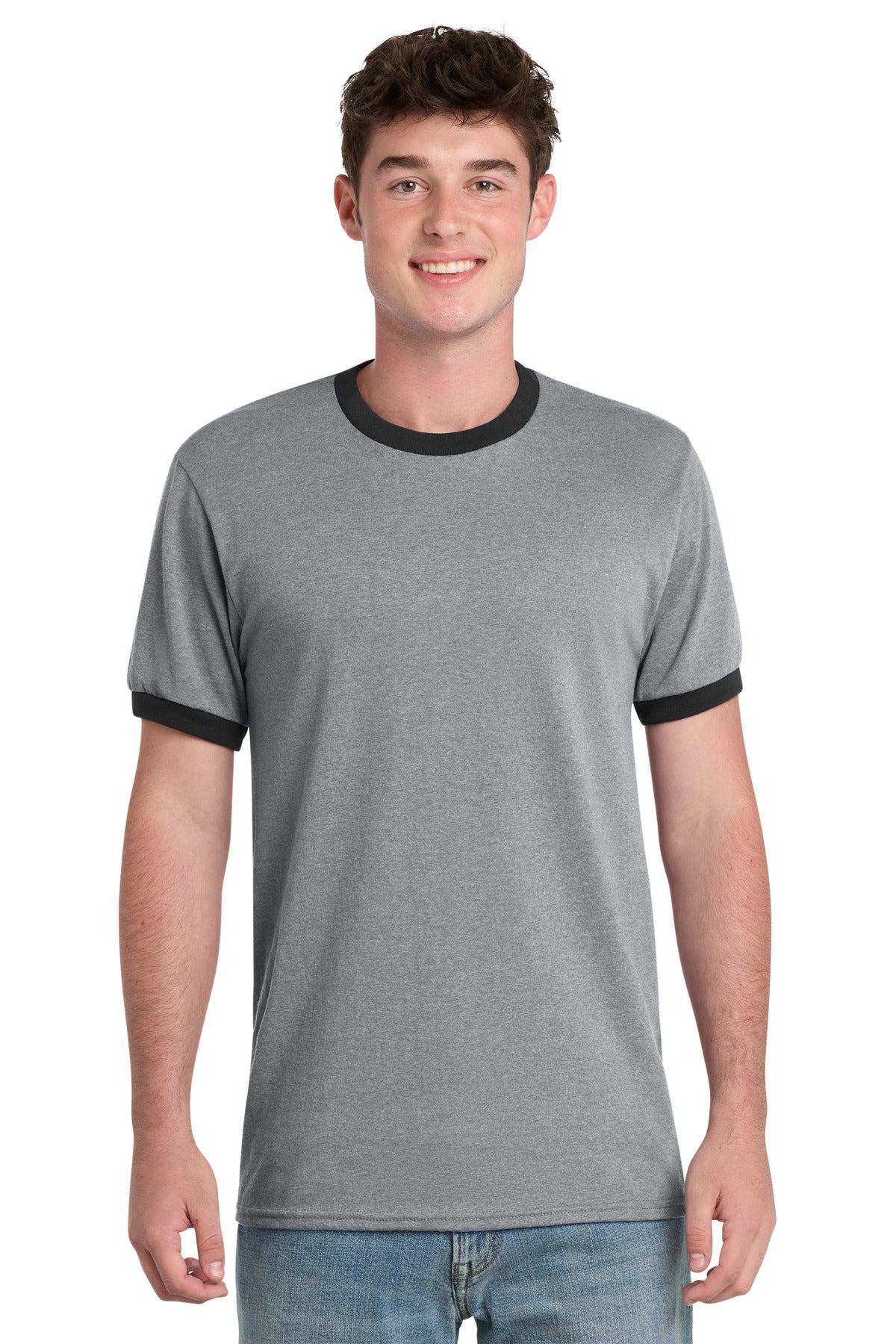 Port & Co Core Cotton Ringer Tee - Athletic Heather/ Jet Black
