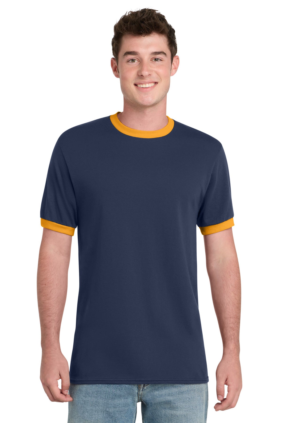 Port & Co Core Cotton Ringer Tee - Navy/ Gold