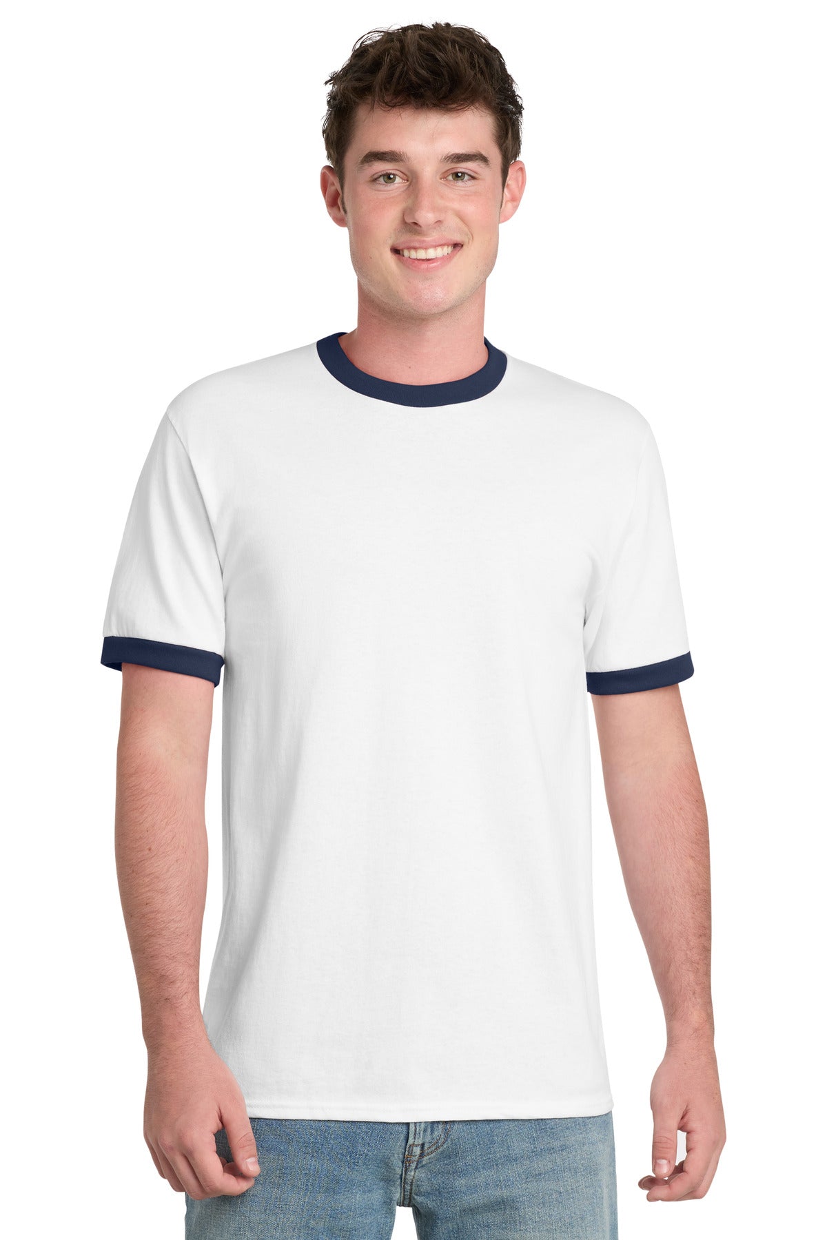 Port & Co Core Cotton Ringer Tee - White/ Navy