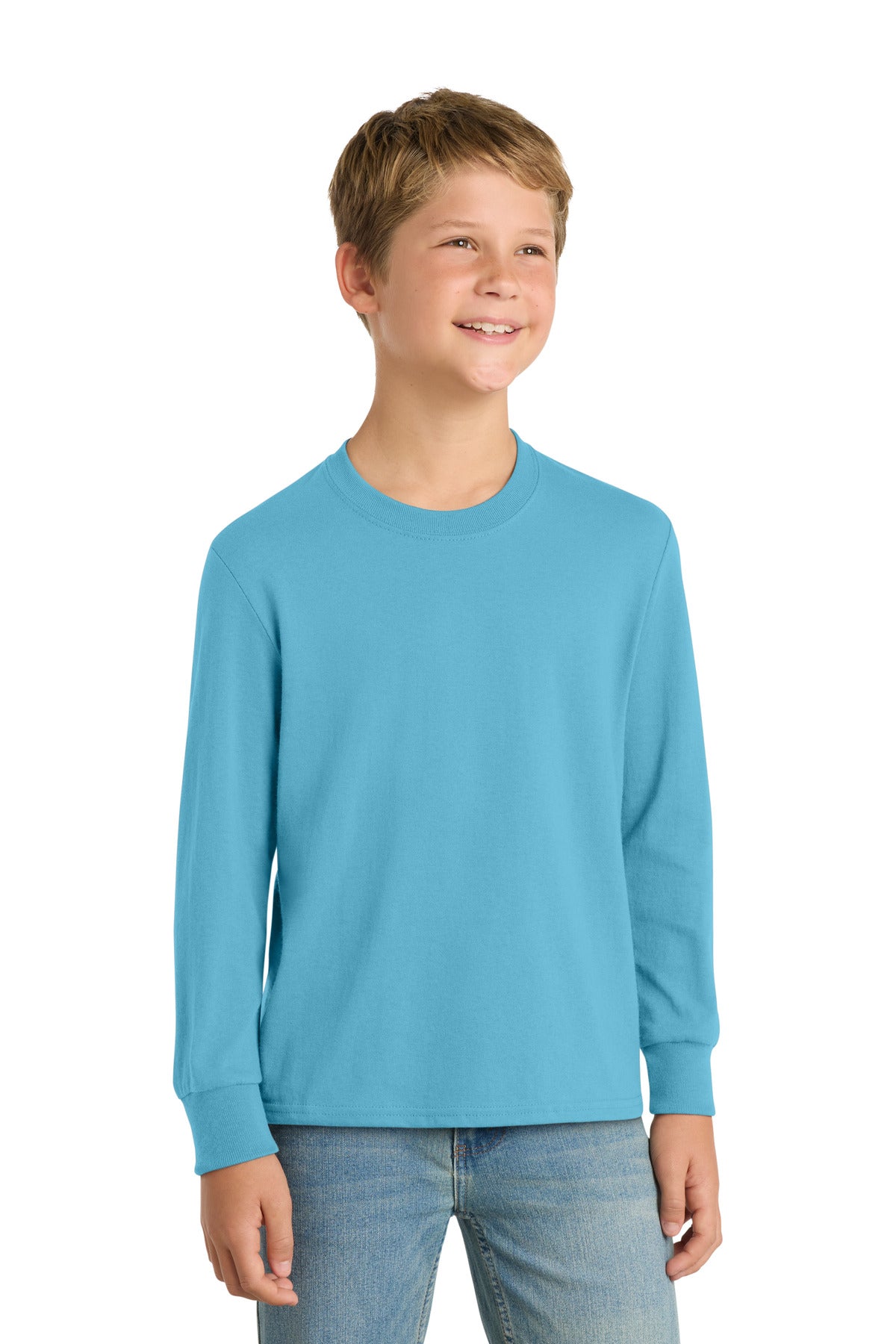 Port & Co Youth Long Sleeve Core Cotton Tee - Aquatic Blue
