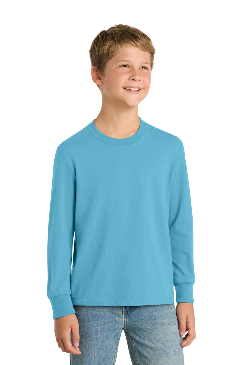 Port & Co Youth Long Sleeve Core Cotton Tee - Aquatic Blue