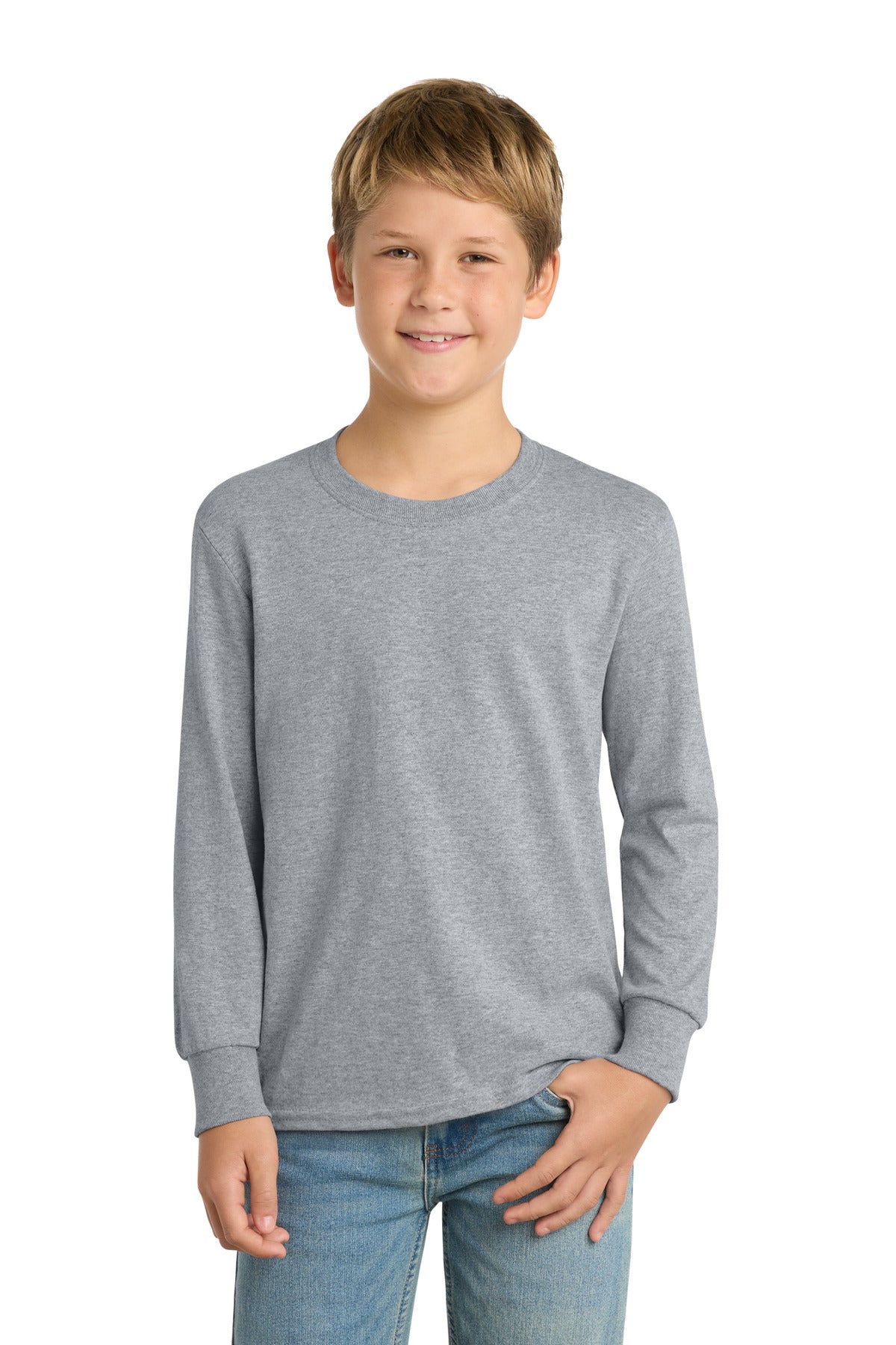Port & Co Youth Long Sleeve Core Cotton Tee - Athletic Heather