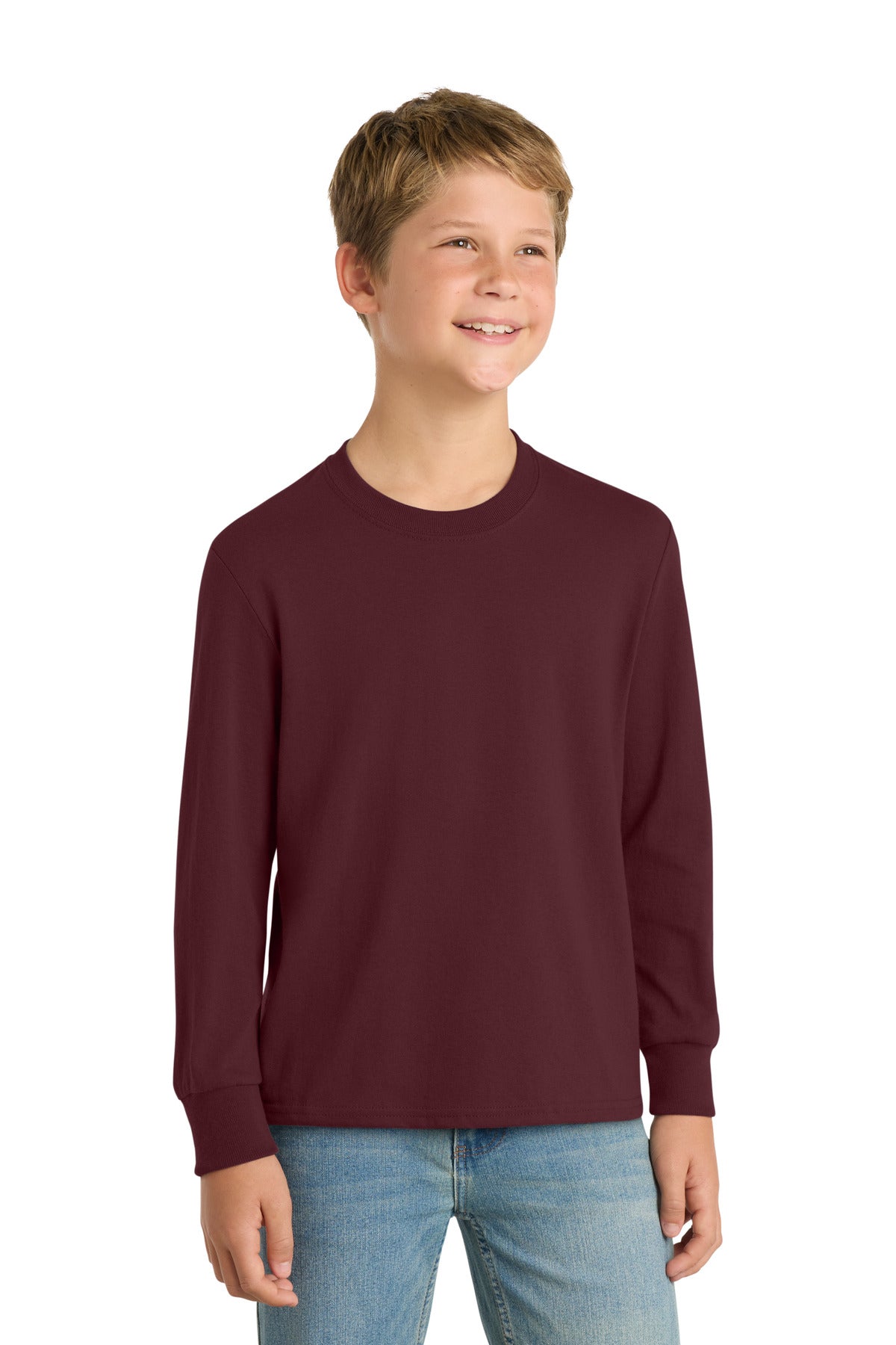 Port & Co Youth Long Sleeve Core Cotton Tee - Athletic Maroon