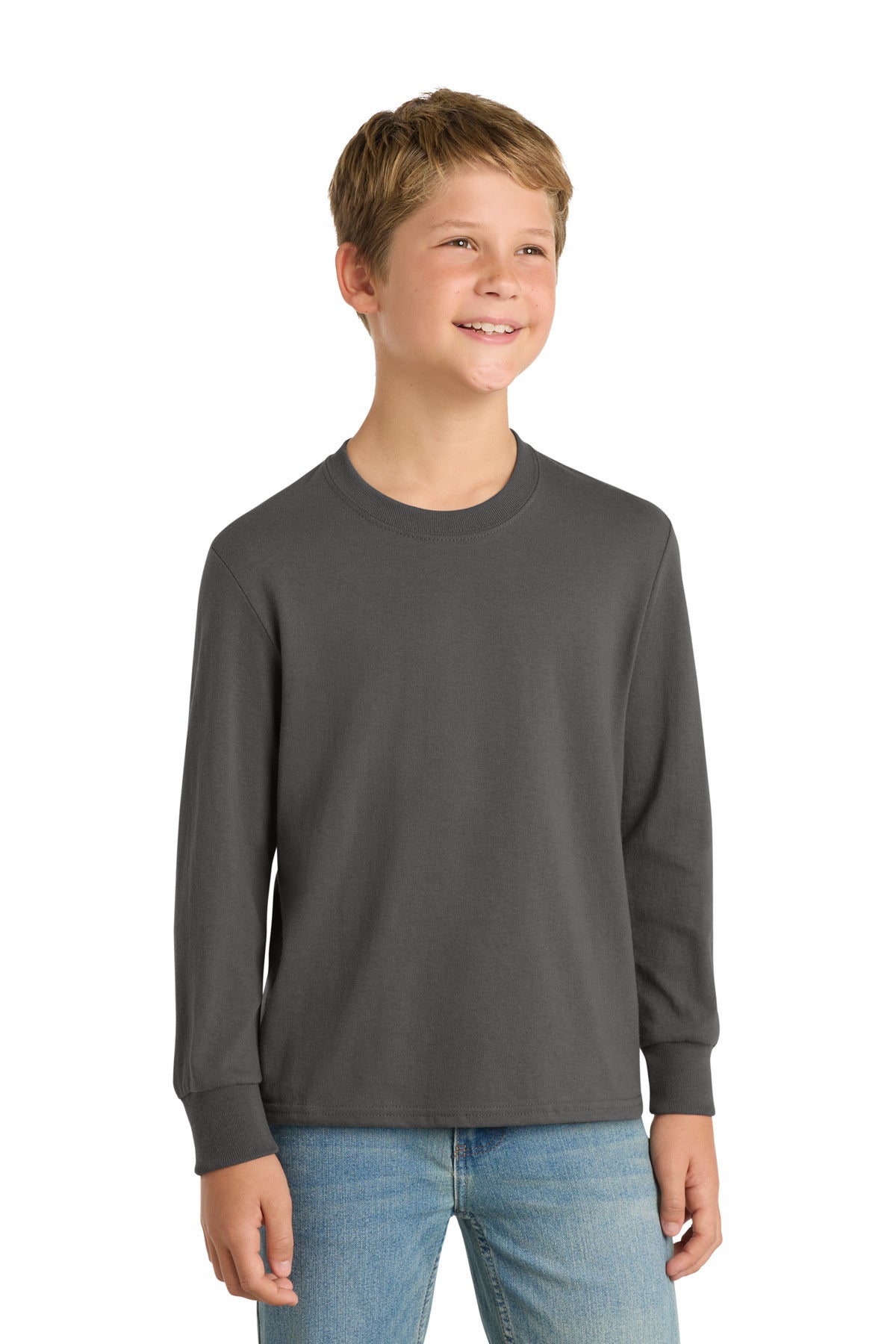 Port & Co Youth Long Sleeve Core Cotton Tee - Charcoal