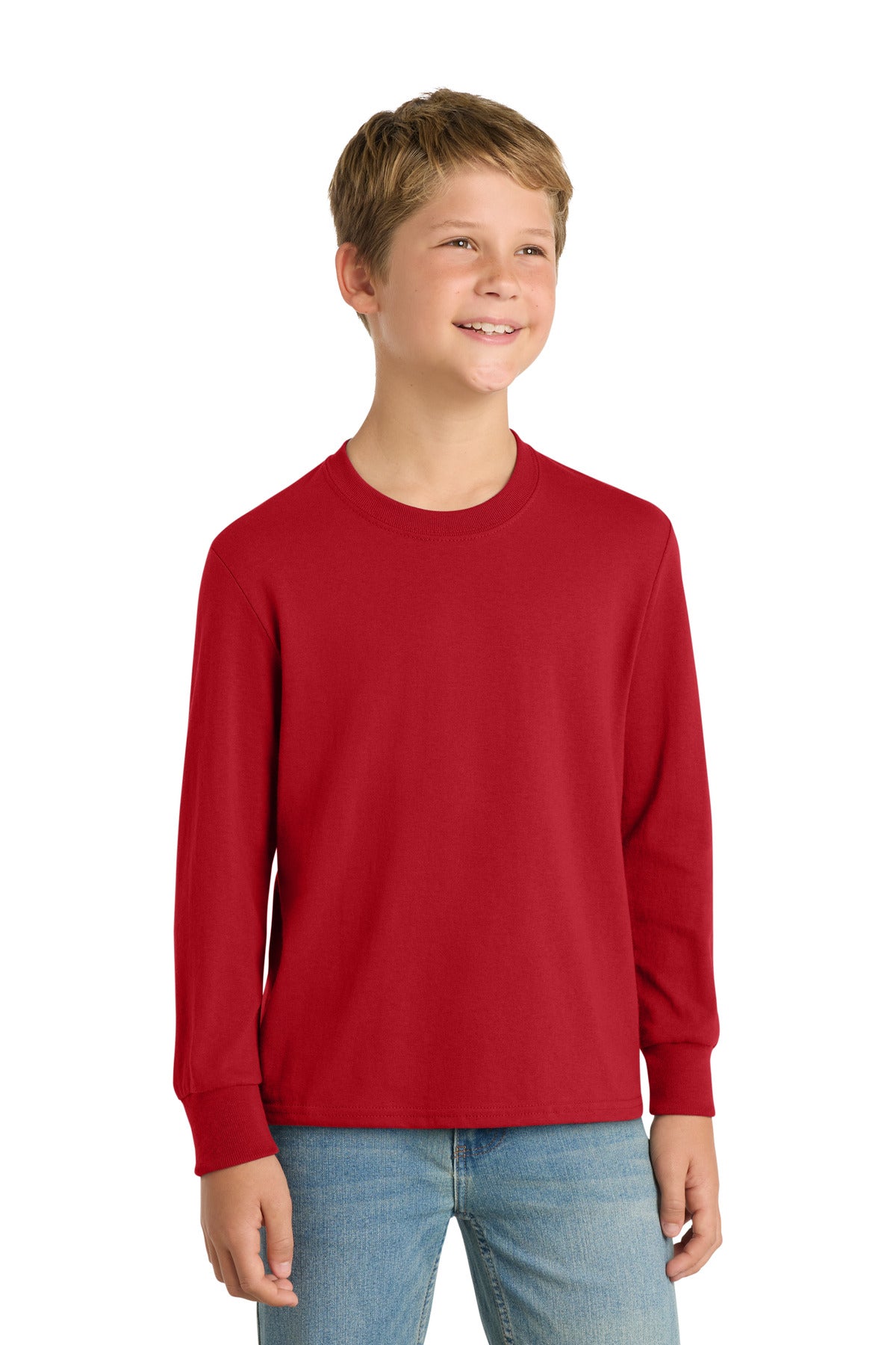 Port & Co Youth Long Sleeve Core Cotton Tee - Red