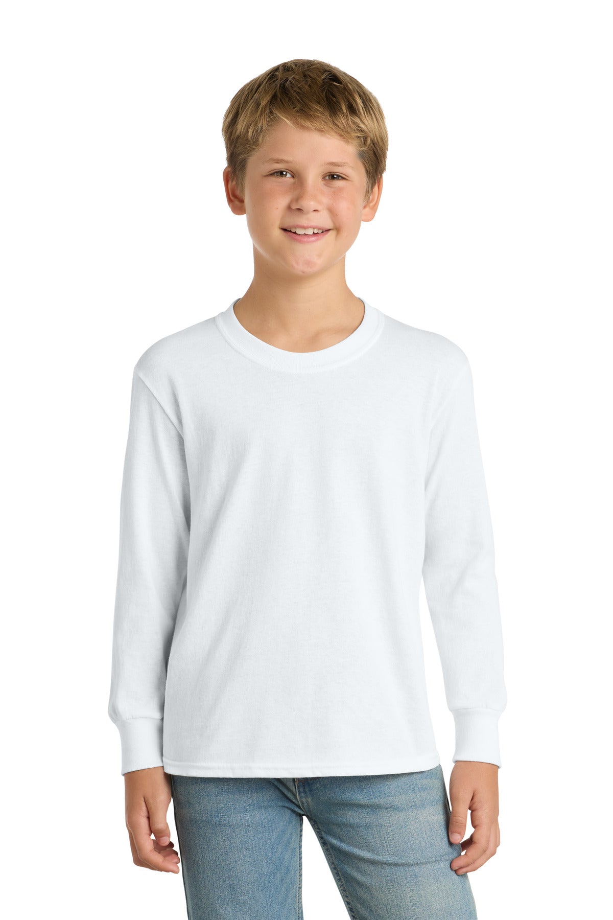 Port & Co Youth Long Sleeve Core Cotton Tee - White