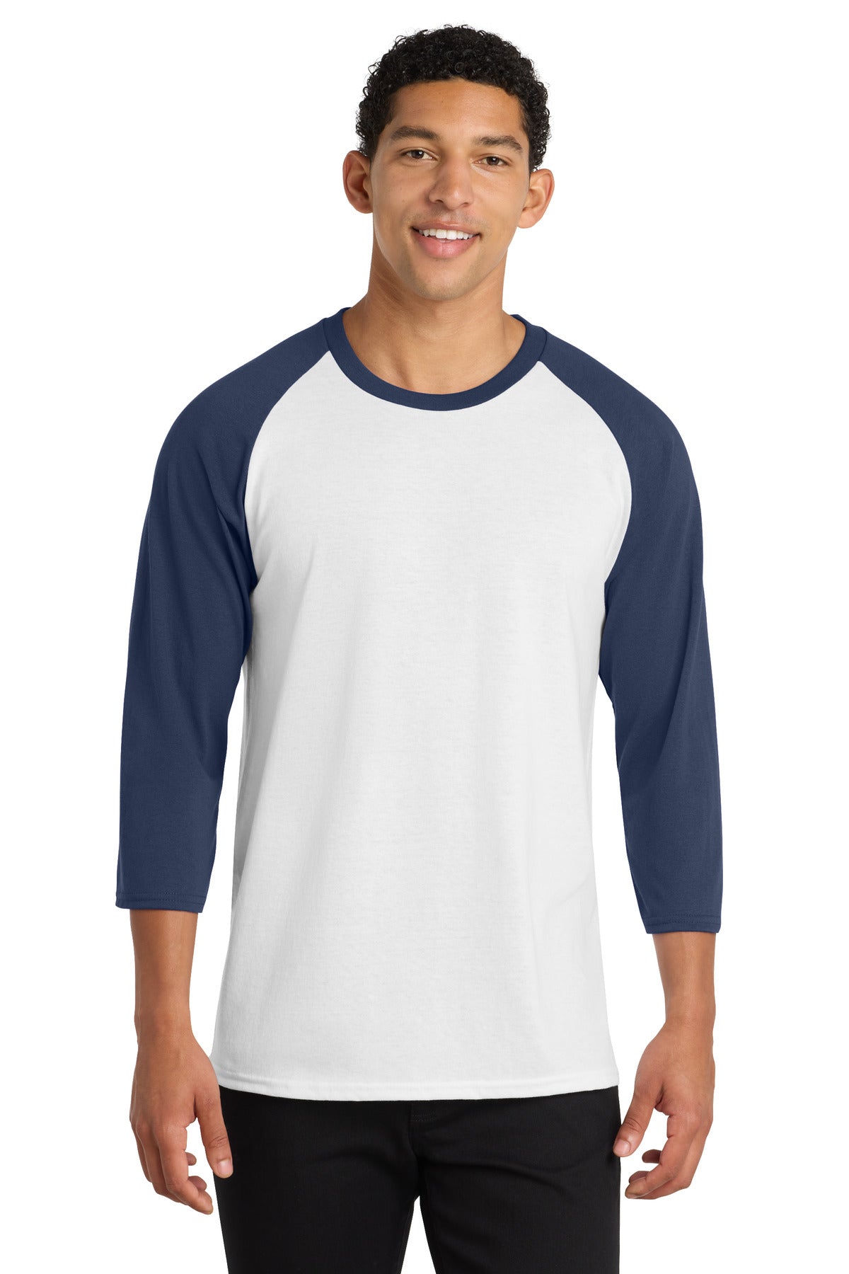 Port & Co Core Blend 3/4-Sleeve Raglan Tee - White/ Navy