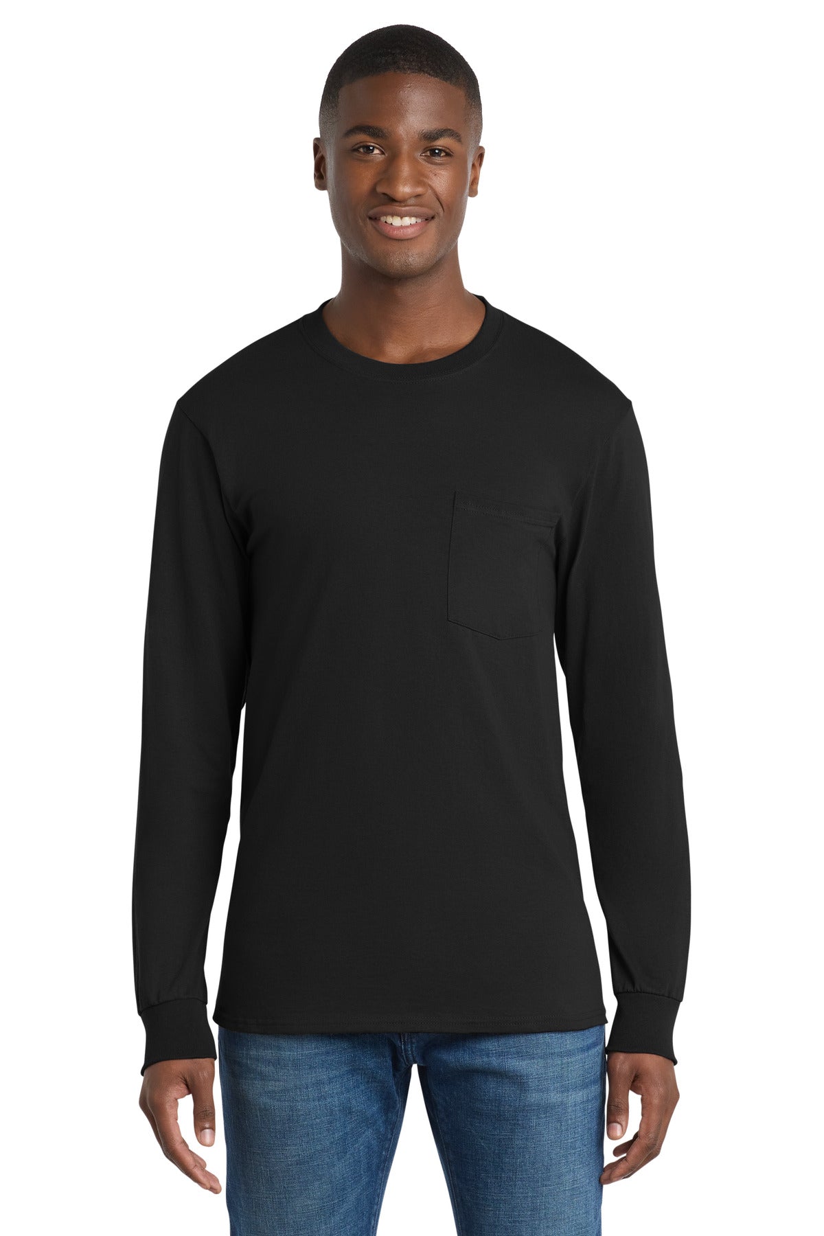 Port & Co Long Sleeve Essential Pocket Tee - Jet Black