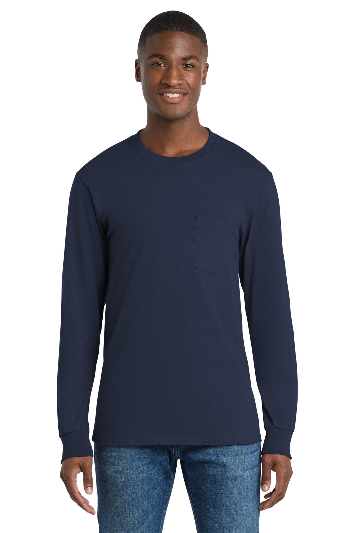 Port & Co Long Sleeve Essential Pocket Tee - Navy