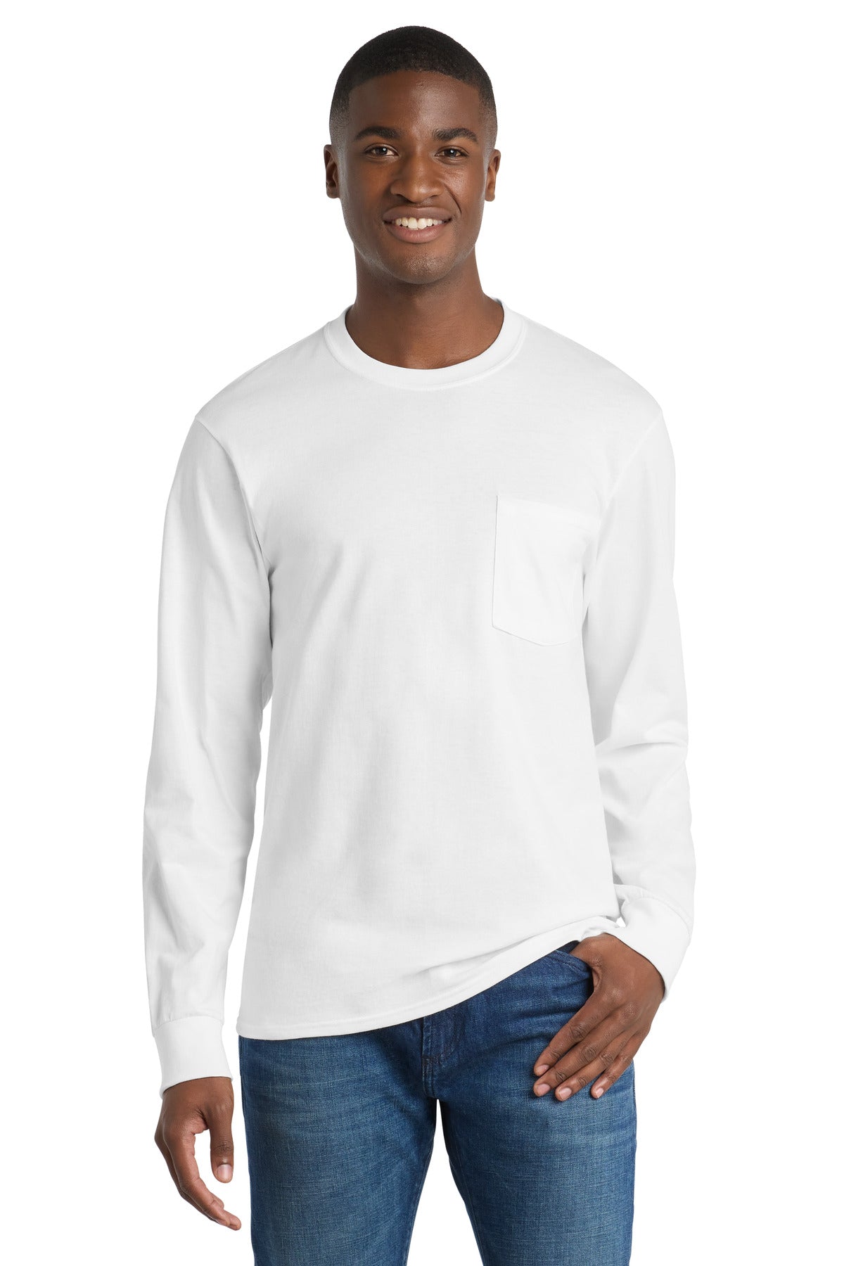 Port & Co Long Sleeve Essential Pocket Tee - White