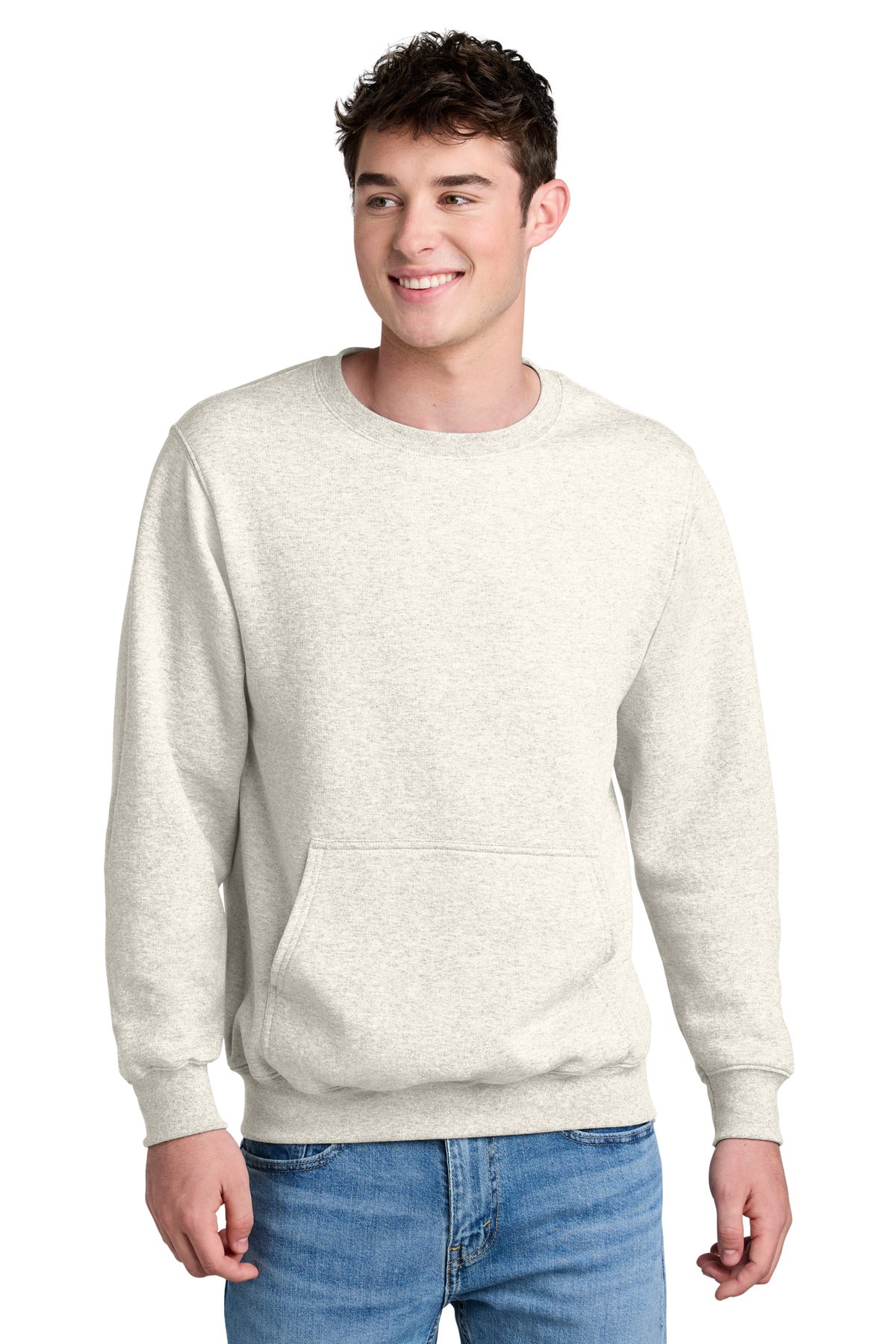 Port & Co Core Fleece Crewneck Pocket Sweatshirt - Oatmeal Heather