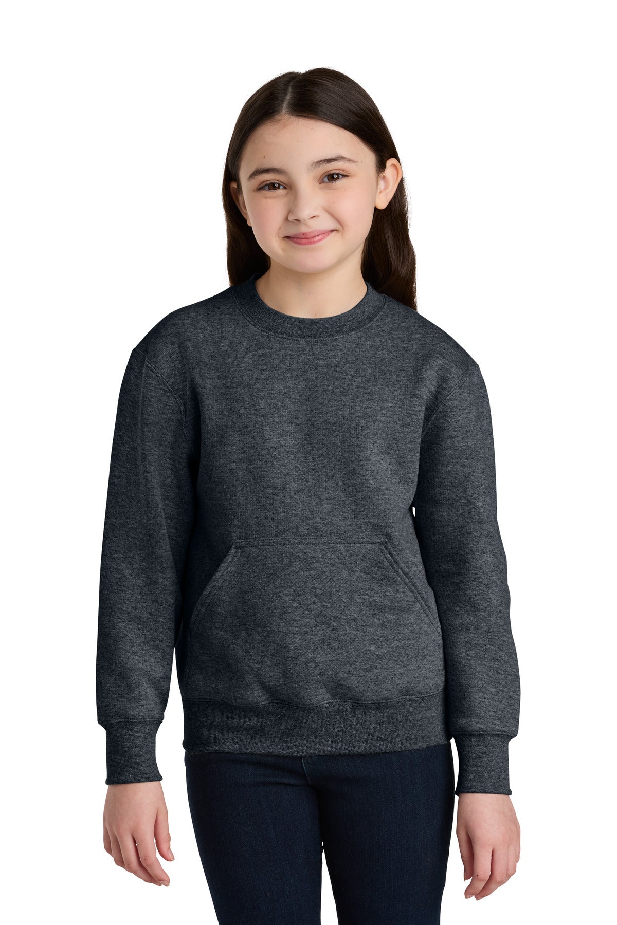 Port & Co Youth Core Fleece Crewneck Pocket Sweatshirt - Dark Heather Grey