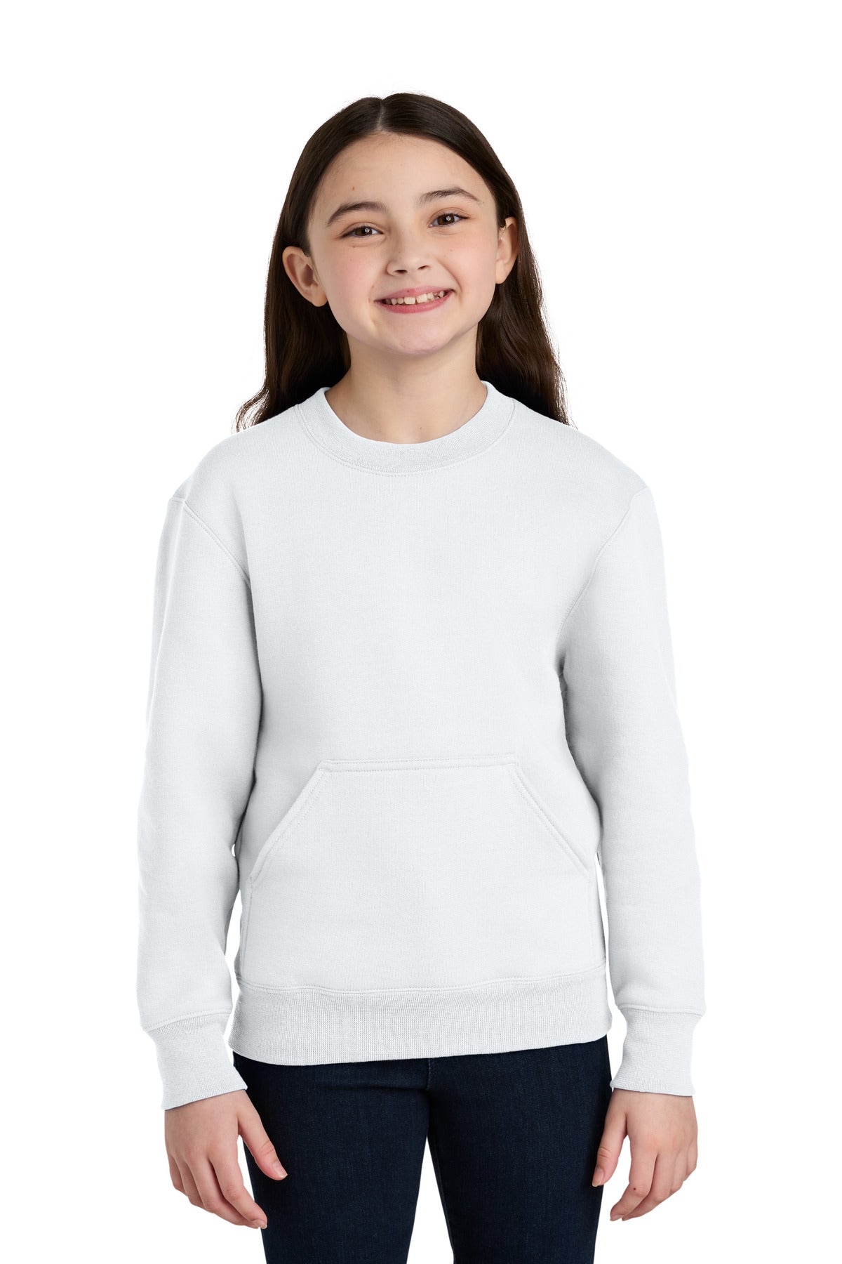Port & Co Youth Core Fleece Crewneck Pocket Sweatshirt - White
