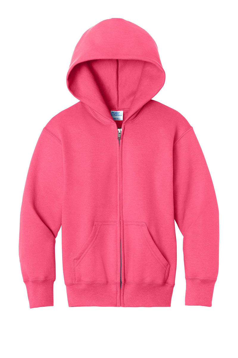 Port & Co Youth Core Fleece Full-Zip Hooded Sweatshirt - Neon Pink