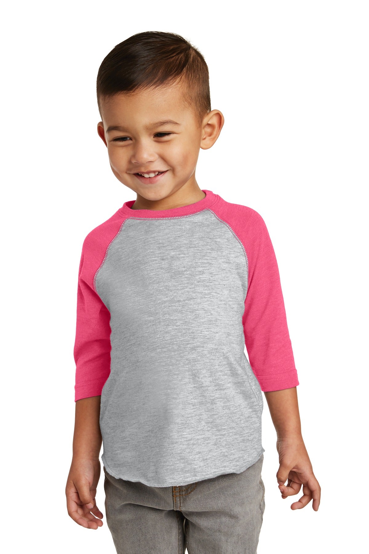Rabbit Skins Toddler Baseball Fine Jersey Tee - Vintage Heather/ Vintage Hot Pink