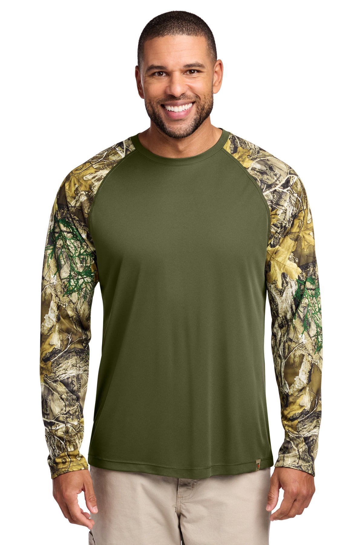 Russell Outdoors Realtree Colorblock Performance Long Sleeve Tee - Olive Drab Green/ Realtree Edge