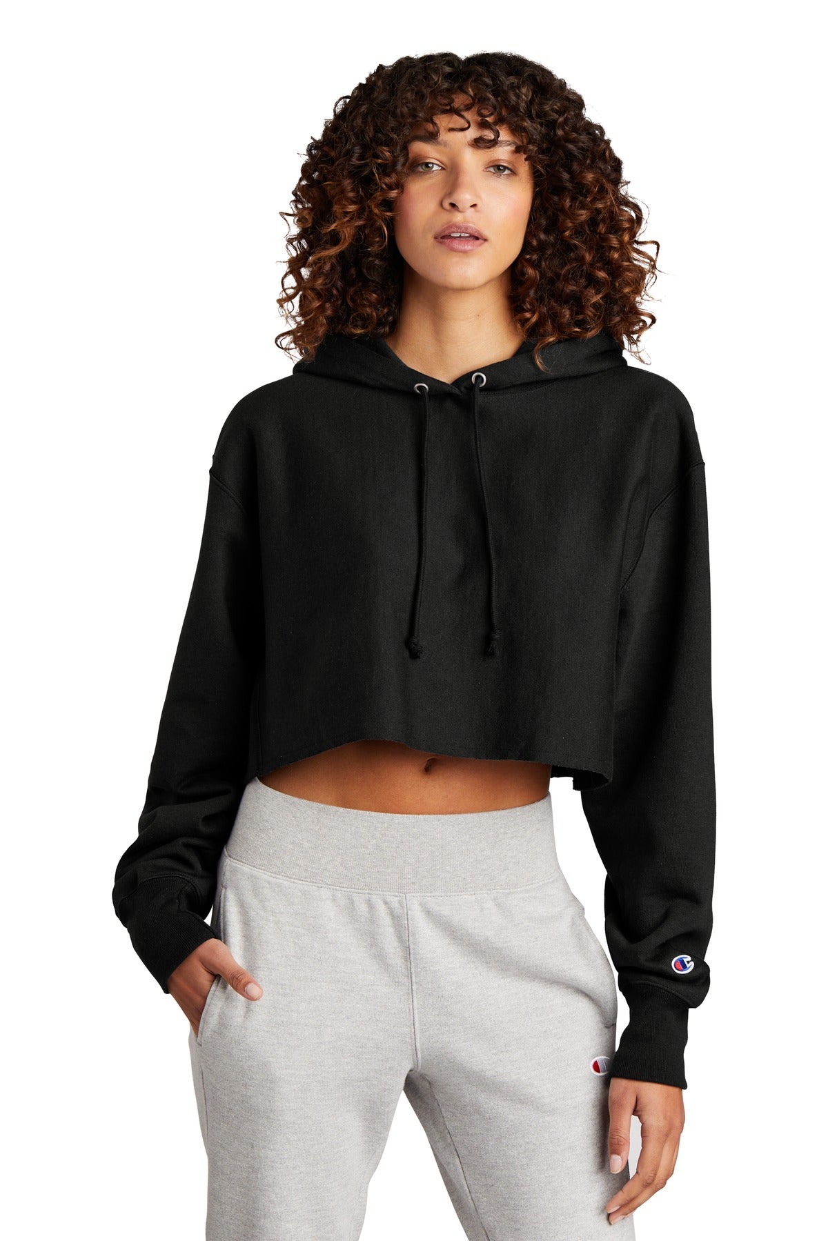 Champion   Women's Reverse Weave   Cropped Cut-Off Hooded Sweatshirt - Black