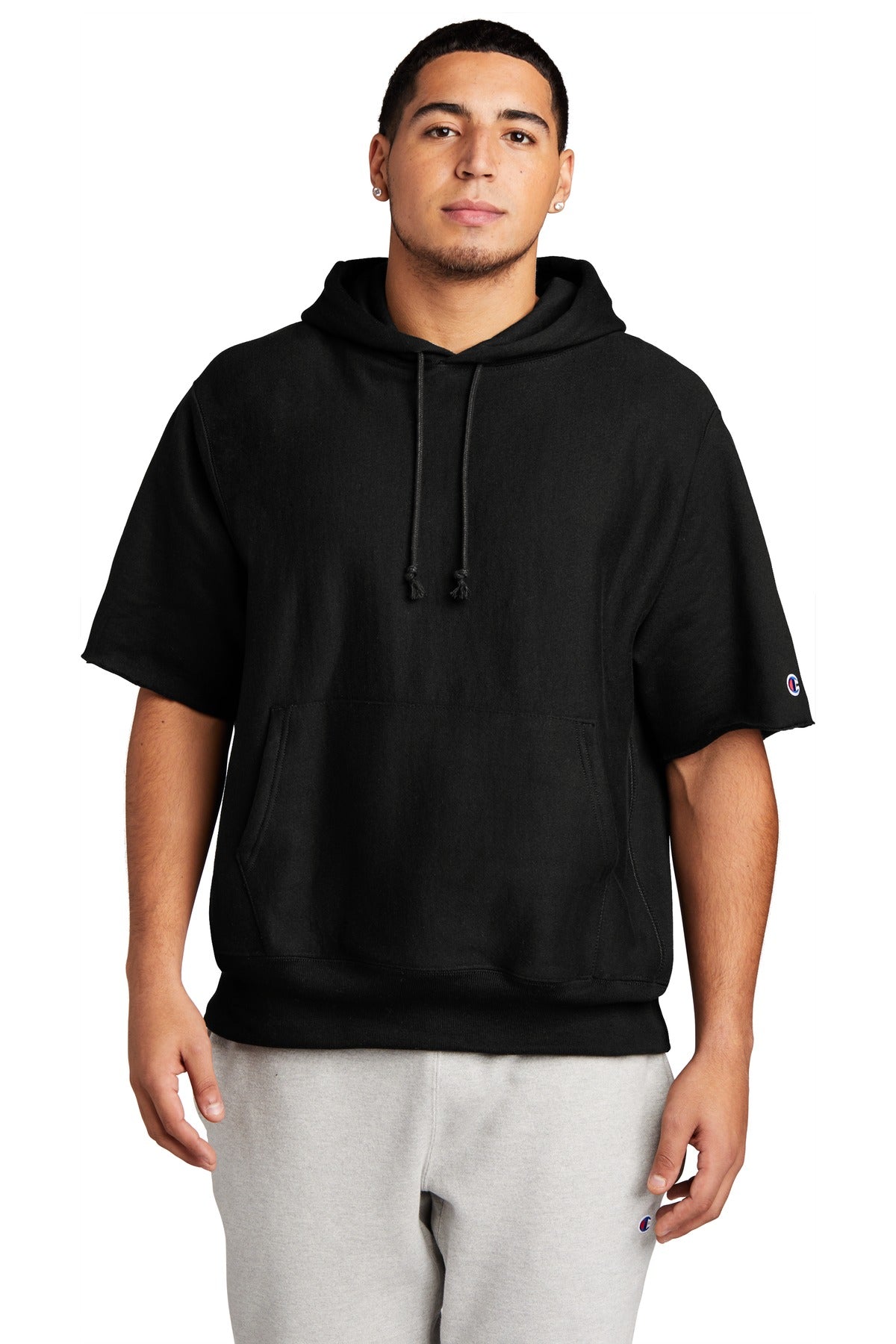Champion   Reverse Weave   Short Sleeve Hooded Sweatshirt - Black